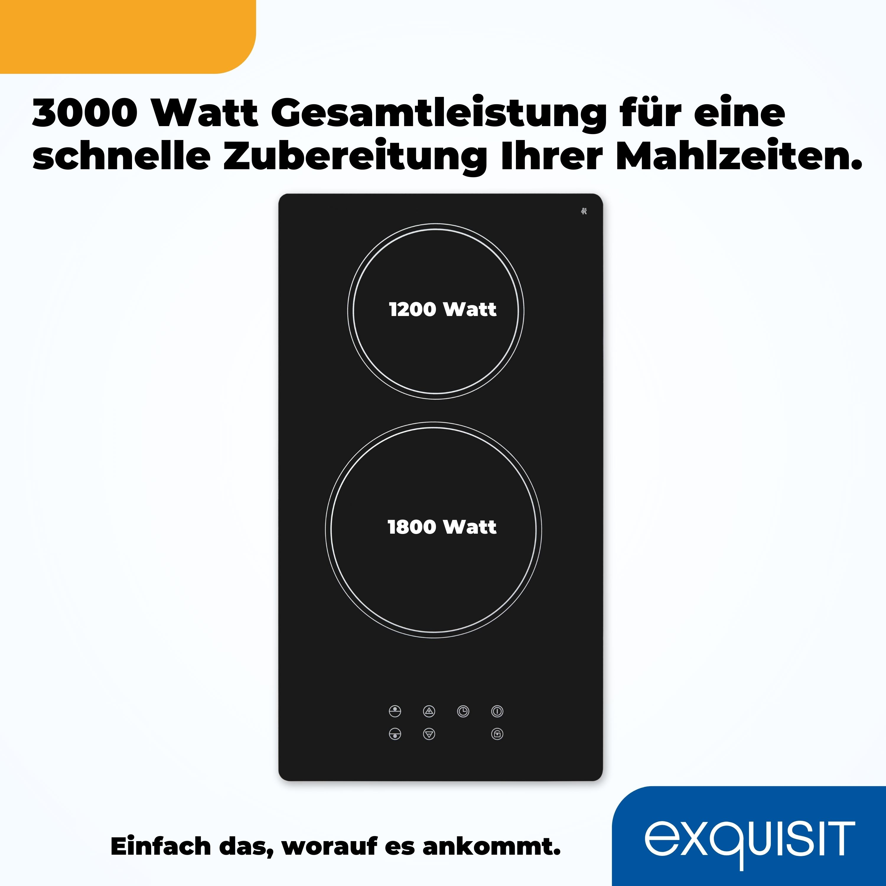 Schwarzes Induktionskochfeld mit zwei kreisförmigen Heizflächen. Text lautet '3000 Watt Gesamtleistung'. Die Marke 'exquisit' wird angezeigt.