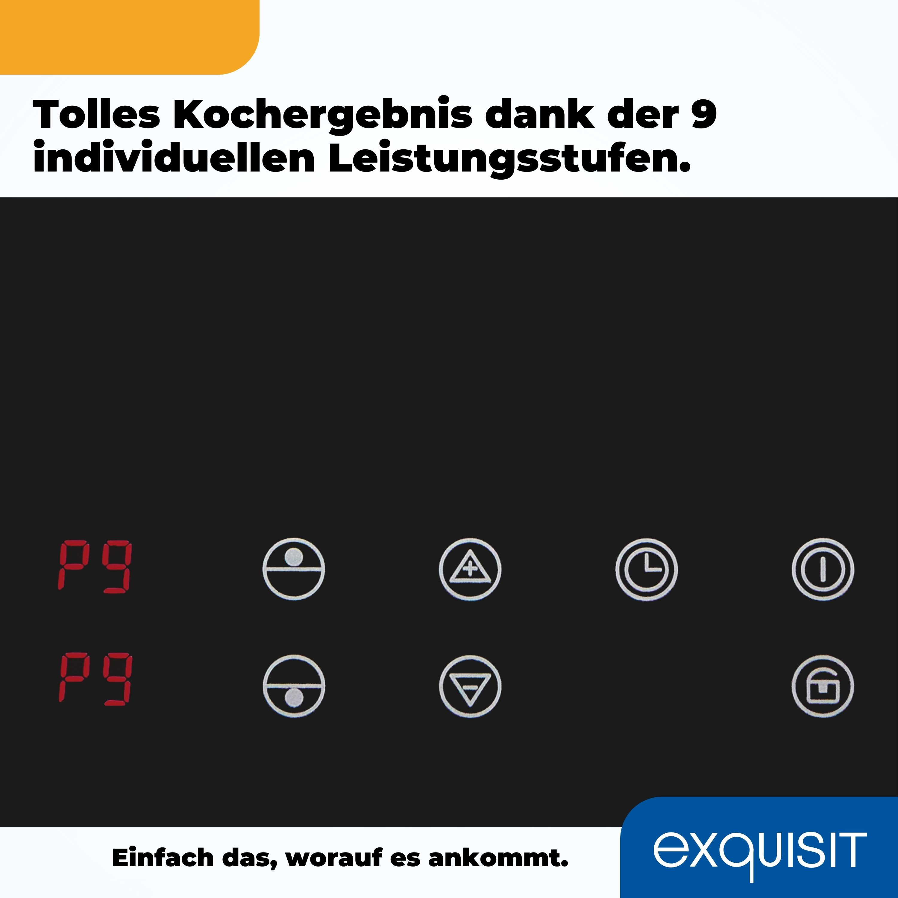Schwarzes Kochfeld mit roten Zahlen und Symbolen und einem weißen Logo unten.