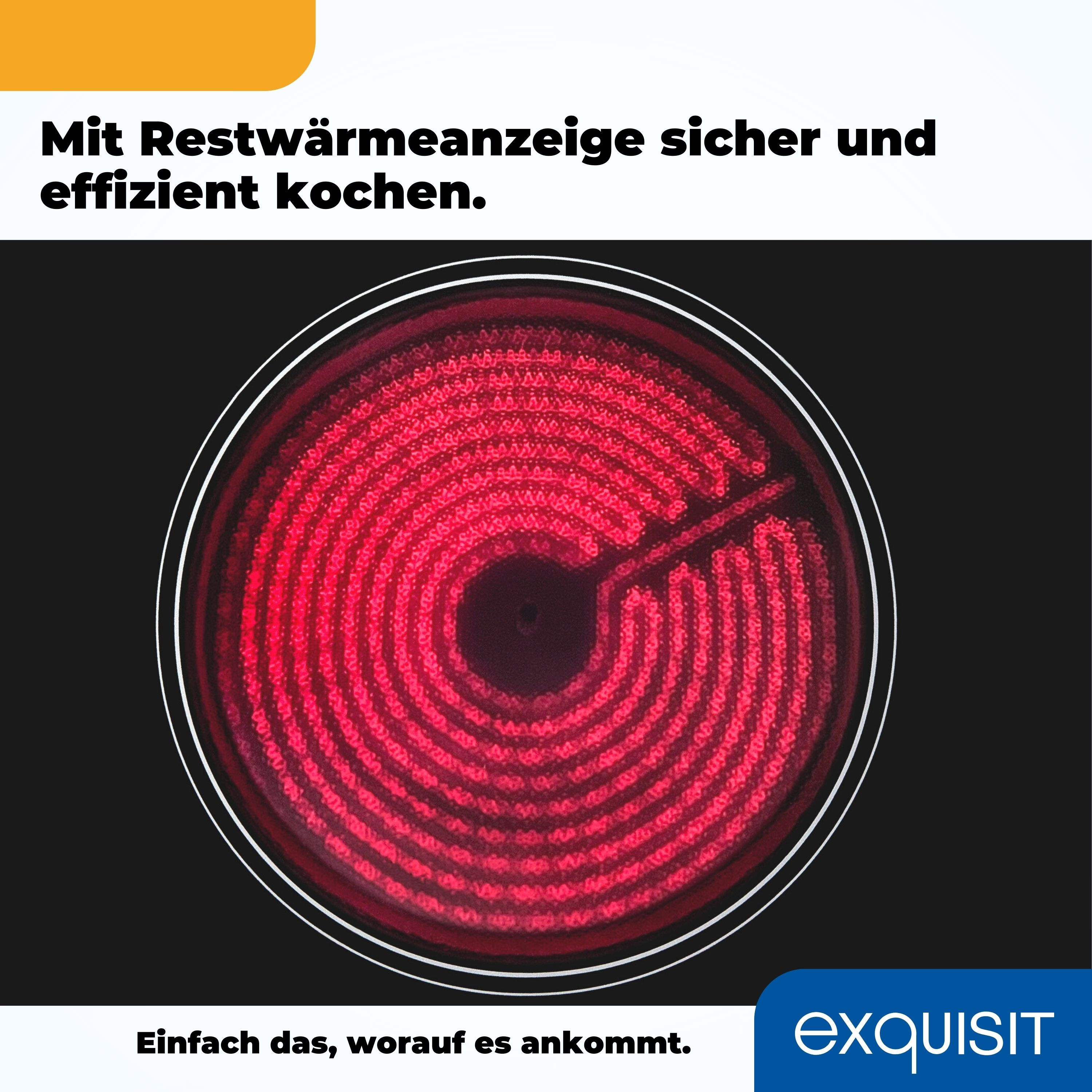 Nahaufnahme eines roten, heißen Herdplattenbrenners. Weißer Rand, schwarze Oberfläche. Text oben und unten.