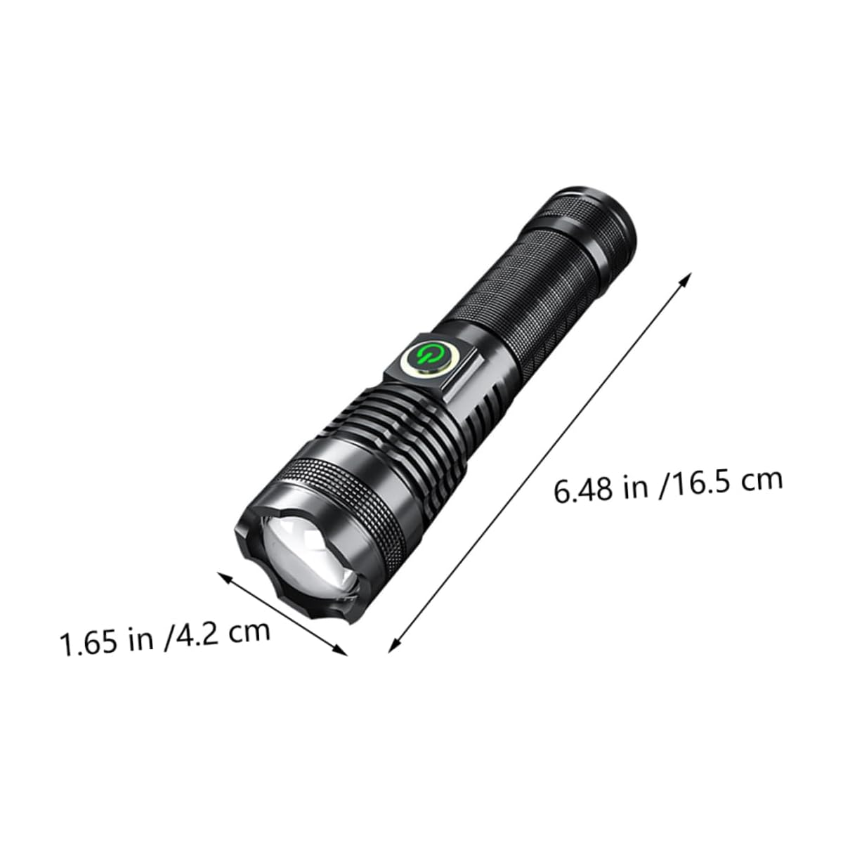 Eine schwarze Taschenlampe mit beschrifteten Abmessungen, mit einem grünen Einschaltknopf.