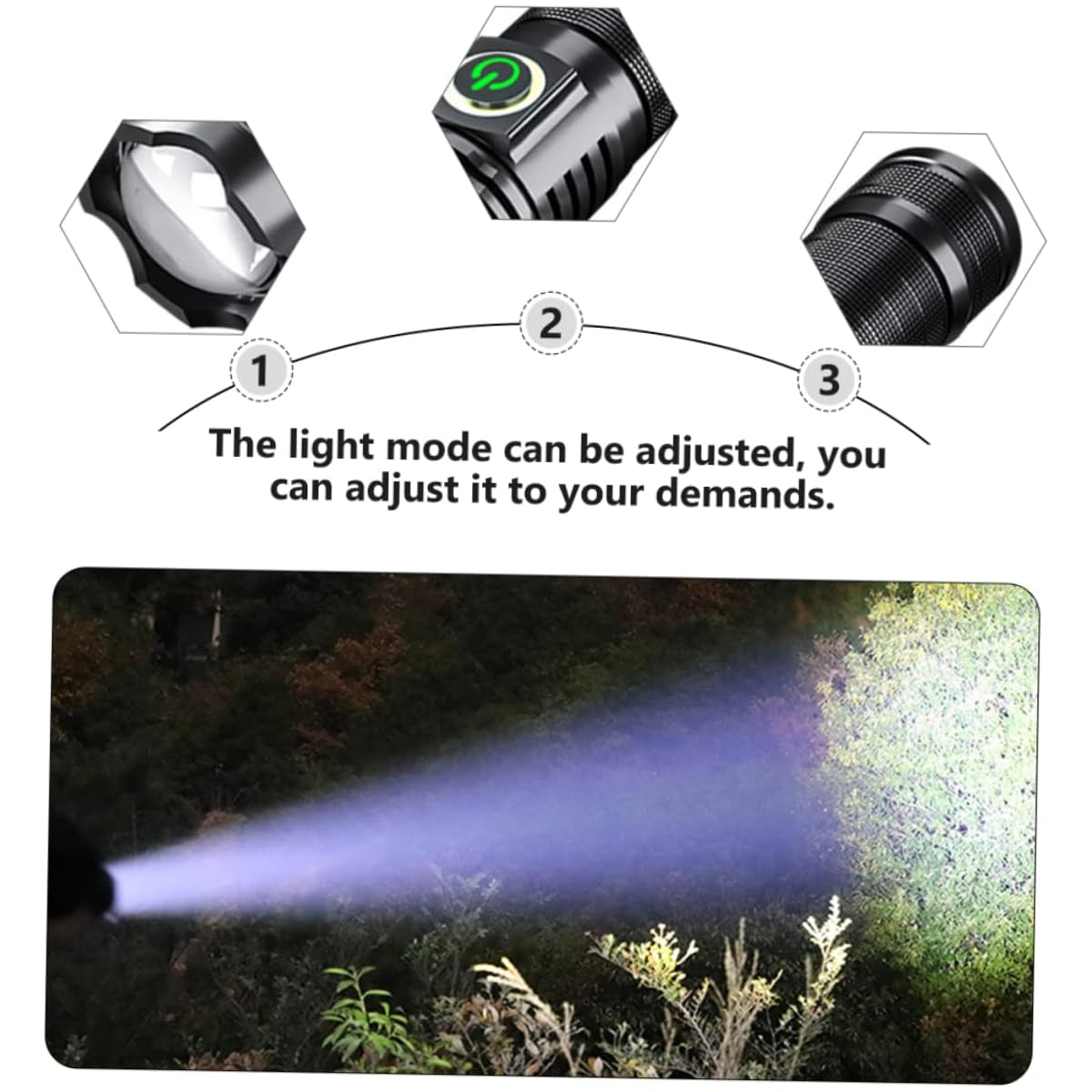 Drei Ansichten einer Taschenlampe mit Lichtstrahl in einem dunklen Wald. Der Lichtmodus kann angepasst werden.