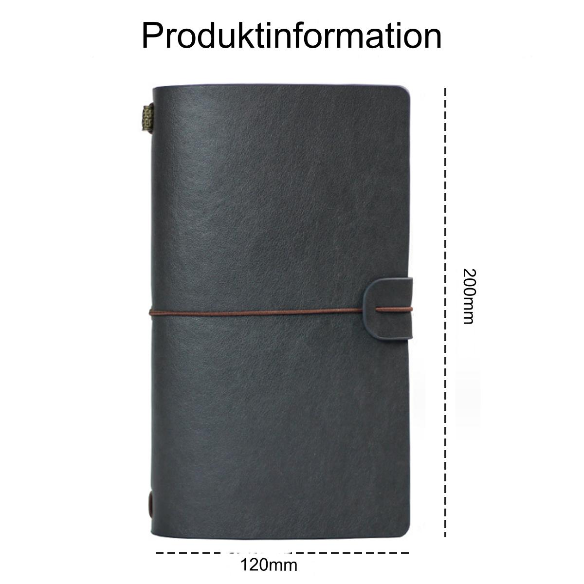 Schwarzes Leder-Notizbuch mit Maßen. Text: Produktinformationen.