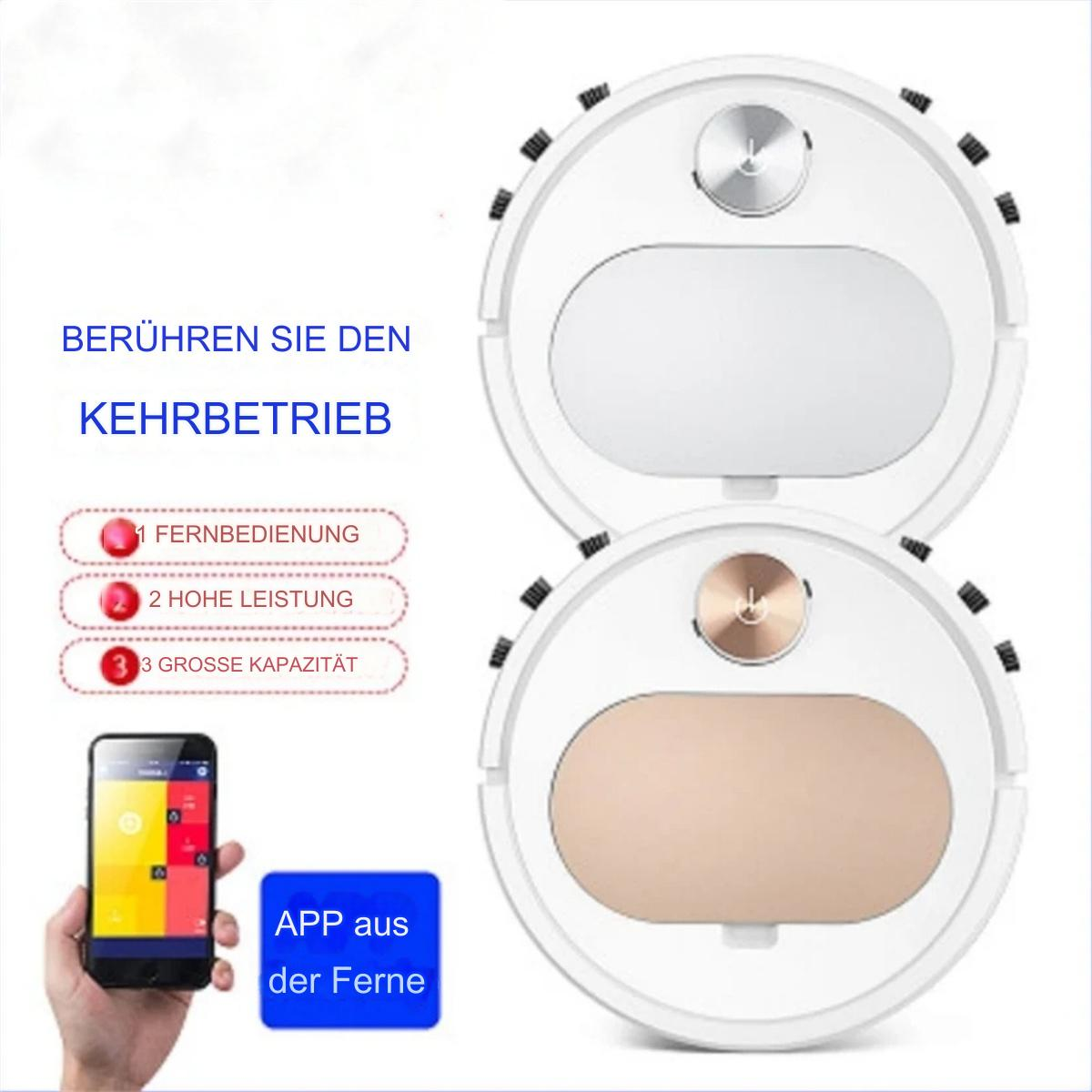 Zwei weiße Roboter-Staubsauger. Eine Hand hält ein Telefon mit einer App. Text: Berühren Sie den Kehrbetrieb.