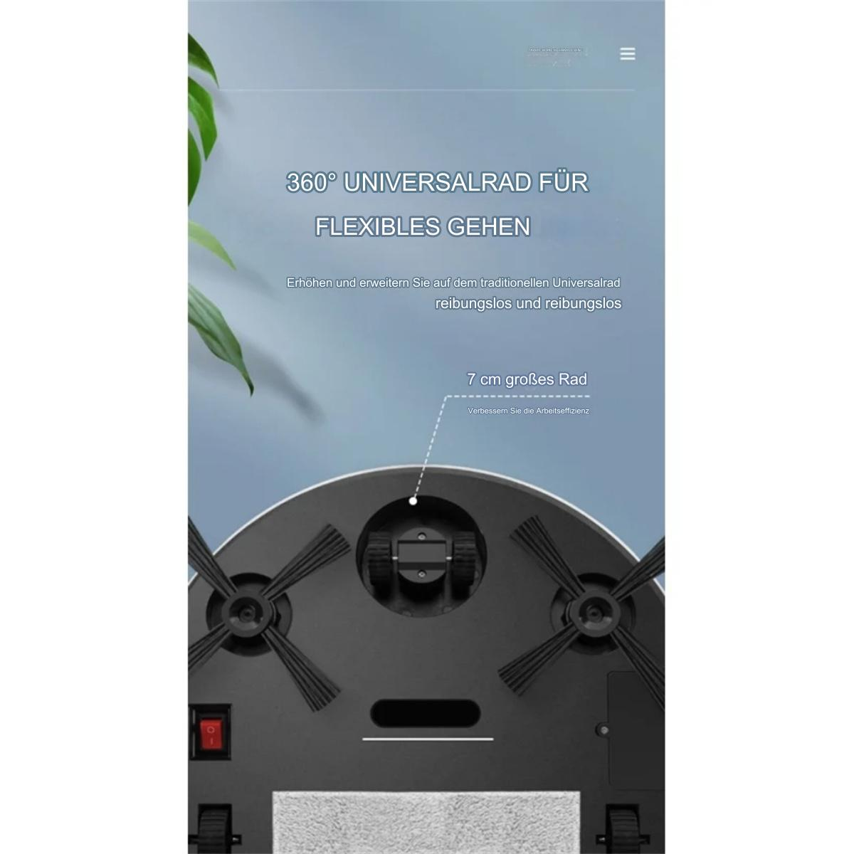 Die Unterseite eines Roboter-Staubsaugers. Es hat Räder, Bürsten und einen roten Ein-Aus-Schalter. Nahaufnahme.