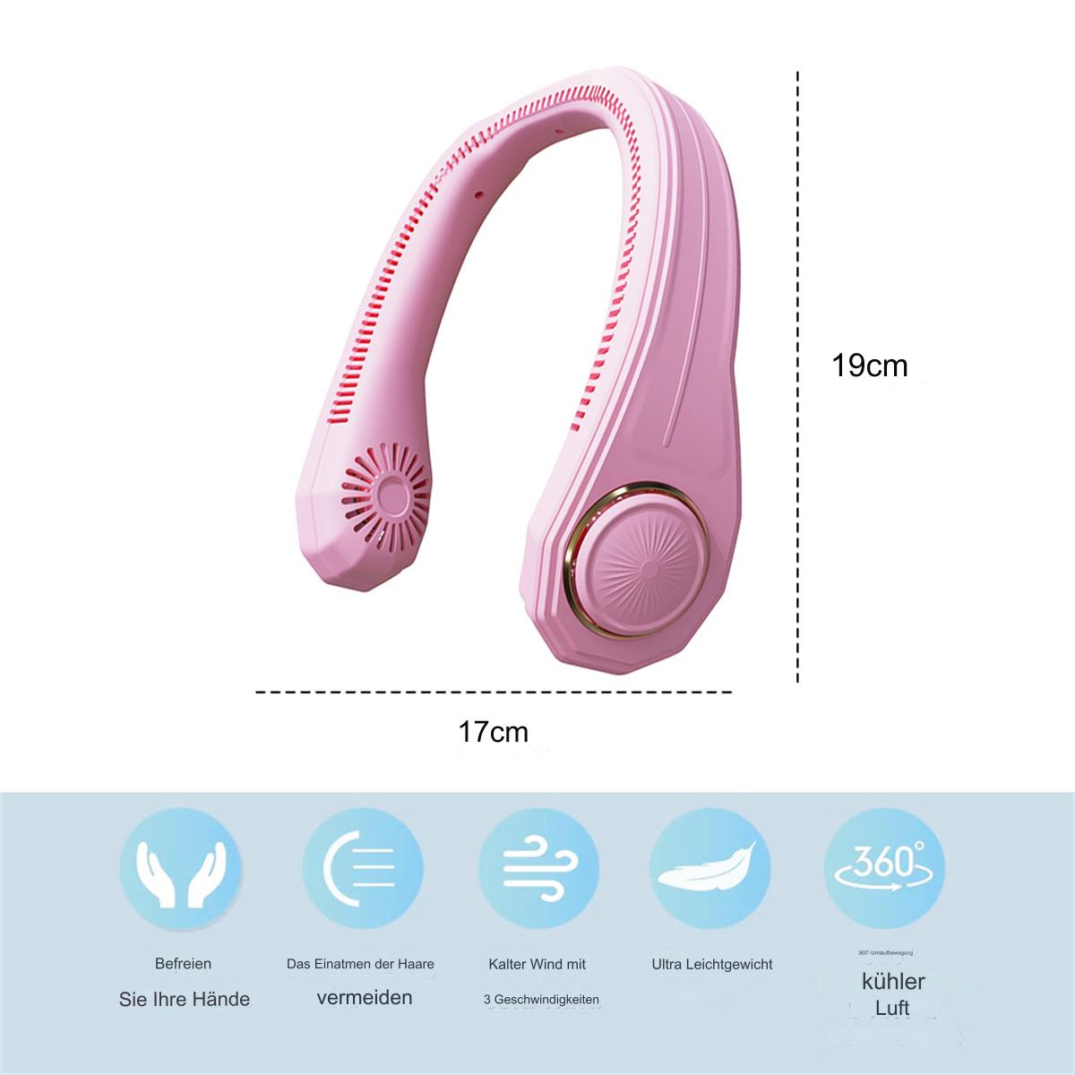 Pinker Nackenventilator mit Abmessungen und Symbolen für freihändig, Haare vermeiden, 3 Geschwindigkeiten, leicht und kühle Luft.