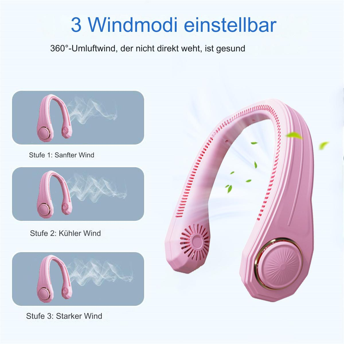 Rosa Nackenventilator mit drei Modi. Drei kleinere Bilder zeigen die verschiedenen Windeinstellungen.