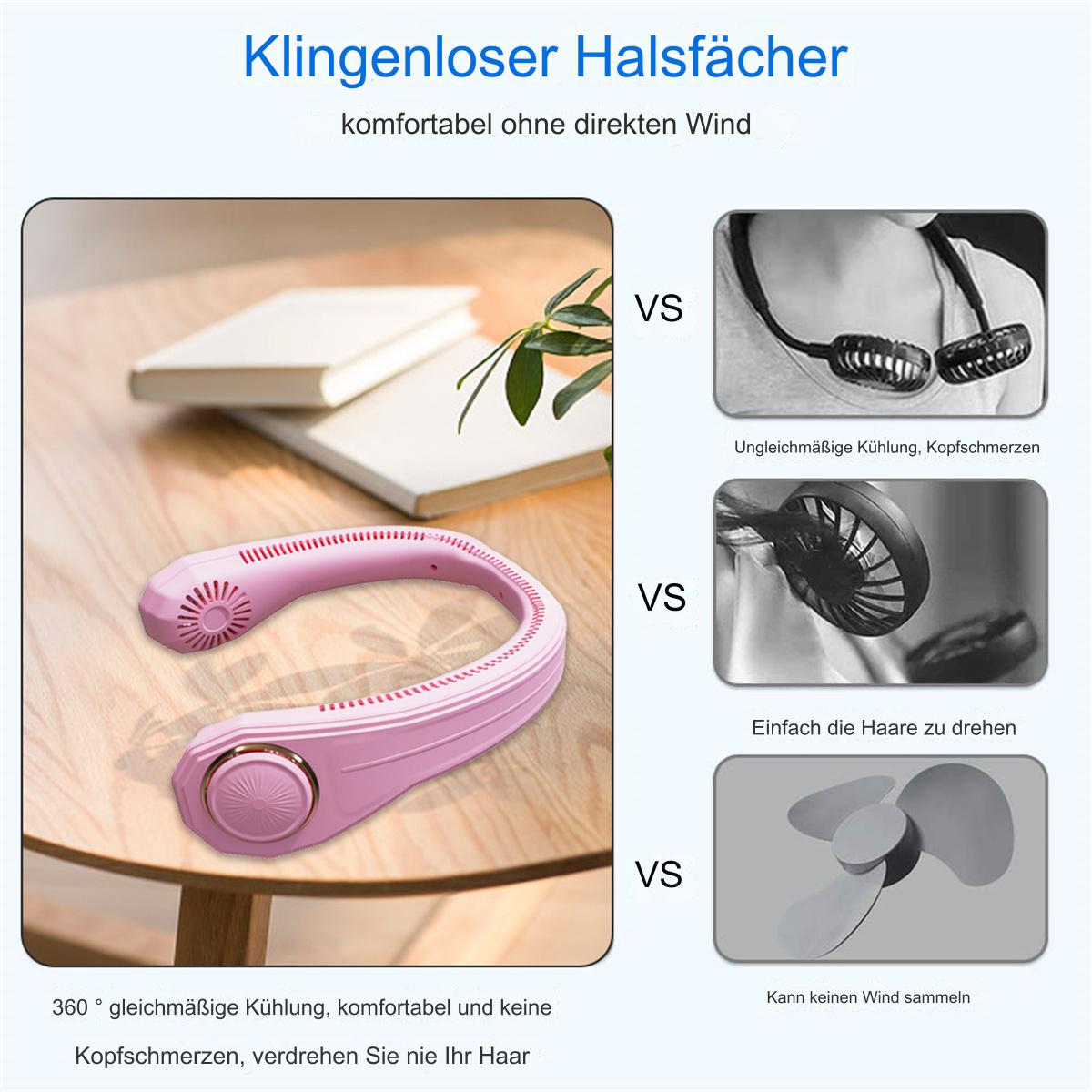 Rosa Nackenventilator, Vergleich mit anderen Ventilatortypen. Text: 360° Kühlung, bequem ohne Kopfschmerzen, verheddert das Haar nicht.
