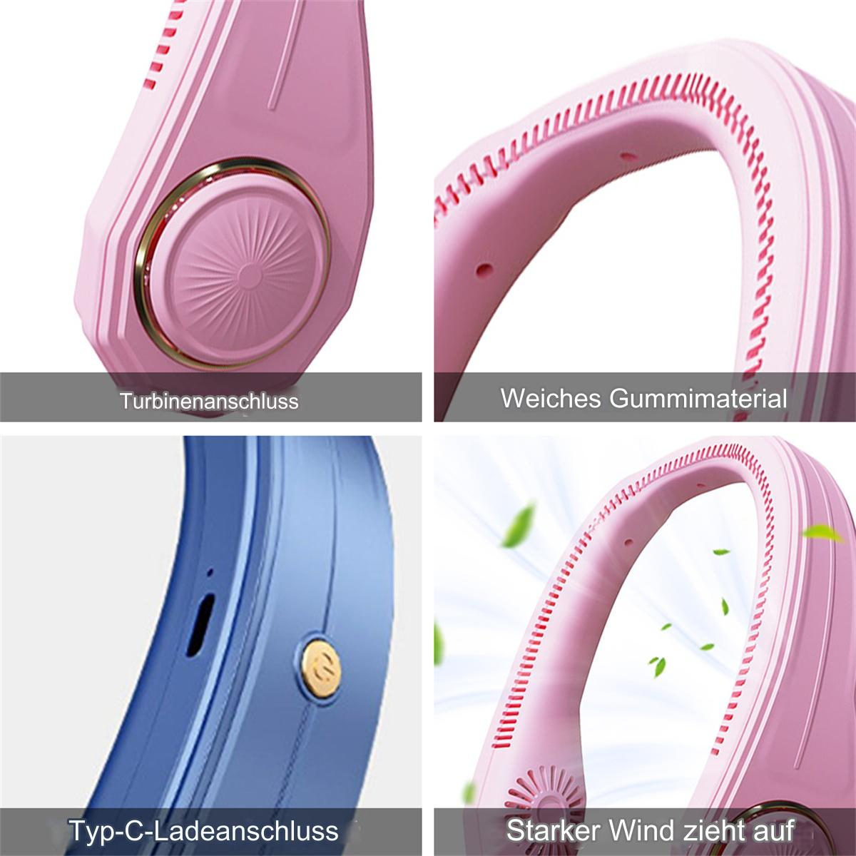 Ein rosa Nackenventilator mit Nahaufnahmen. Text: 'Turbinenanschluss', 'Weiches Gummimaterial' und 'Typ-C-Ladeanschluss'.