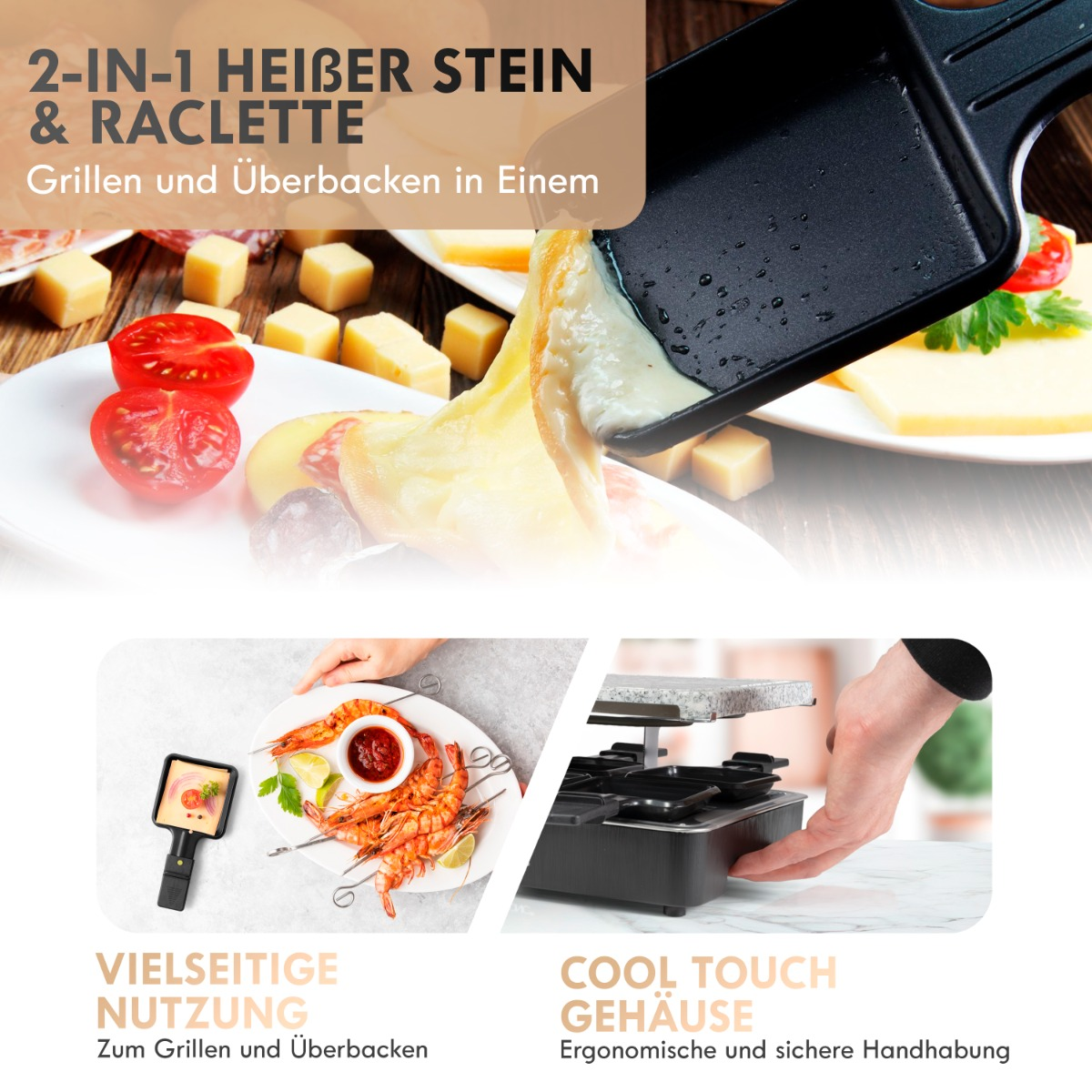 2 w 1 Heiber Stein & Raclette z jedzeniem i instrukcjami.