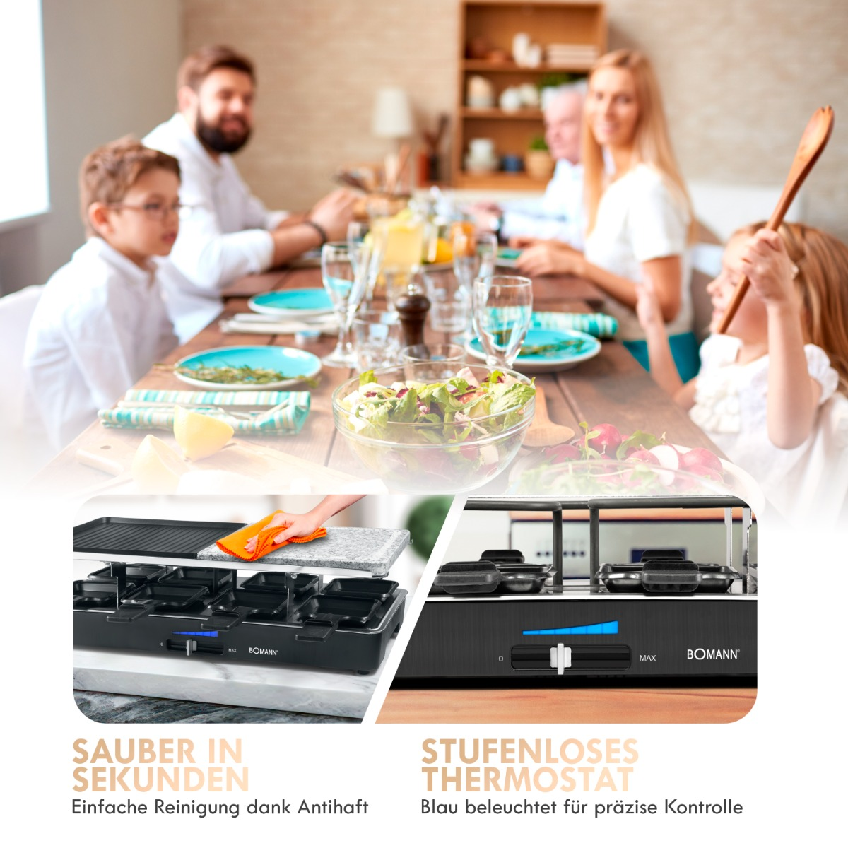 Rodzina przy stole i czarna płyta grzejna. Płyta jest czarna z elementami sterowania.