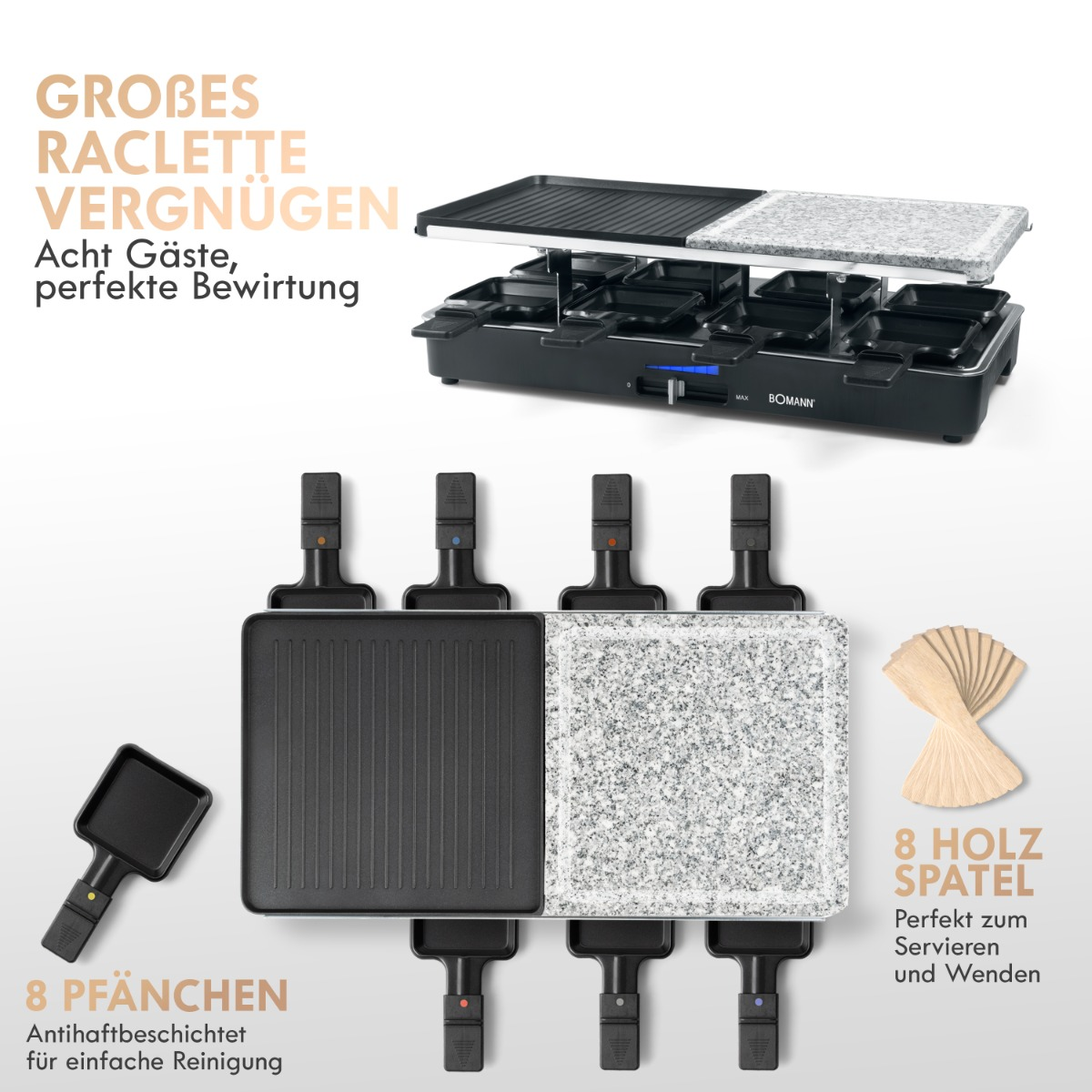 Zestaw do grillowania raclette z patelniami, szpatułkami i kamienną płytą grillową. Ma czarną podstawę do gotowania.