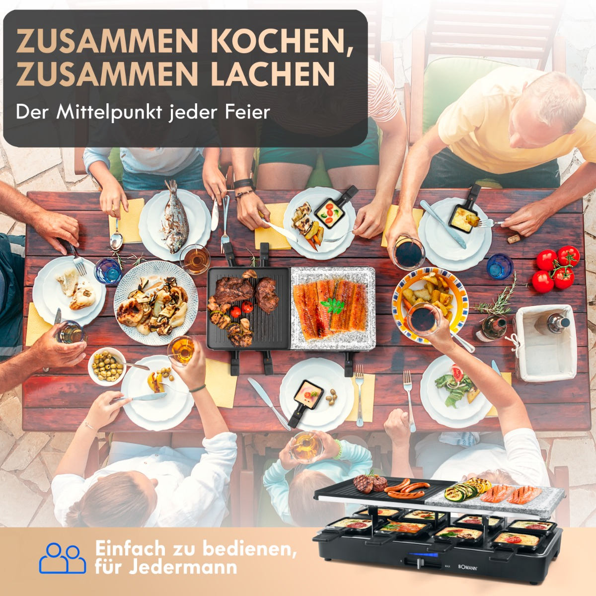 Ludzie wokół stołu z jedzeniem gotującym się na grillu, z tekstem o gotowaniu i dzieleniu się.
