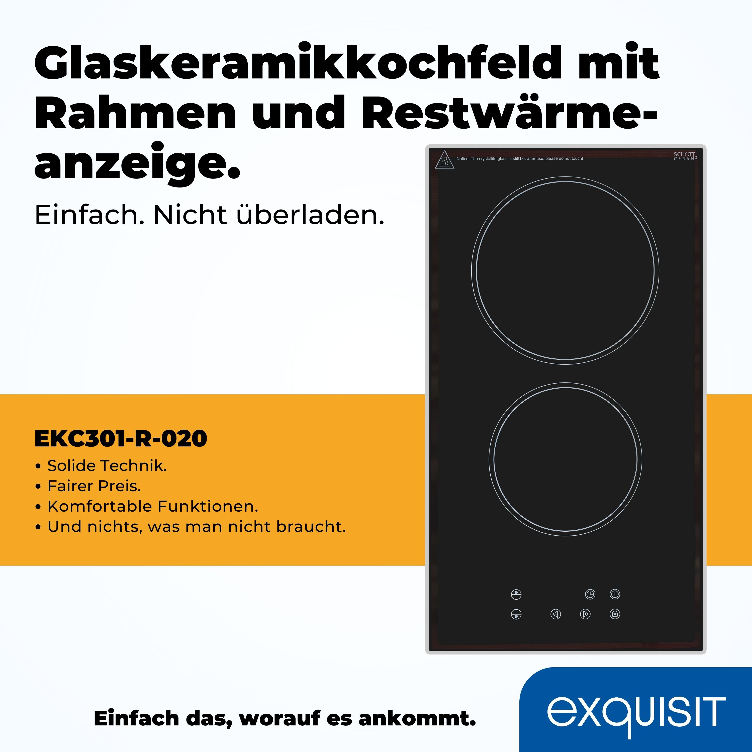 Schwarzes Glaskeramikkochfeld mit zwei Kochfeldern, orangefarbener Text und weißer Hintergrund.