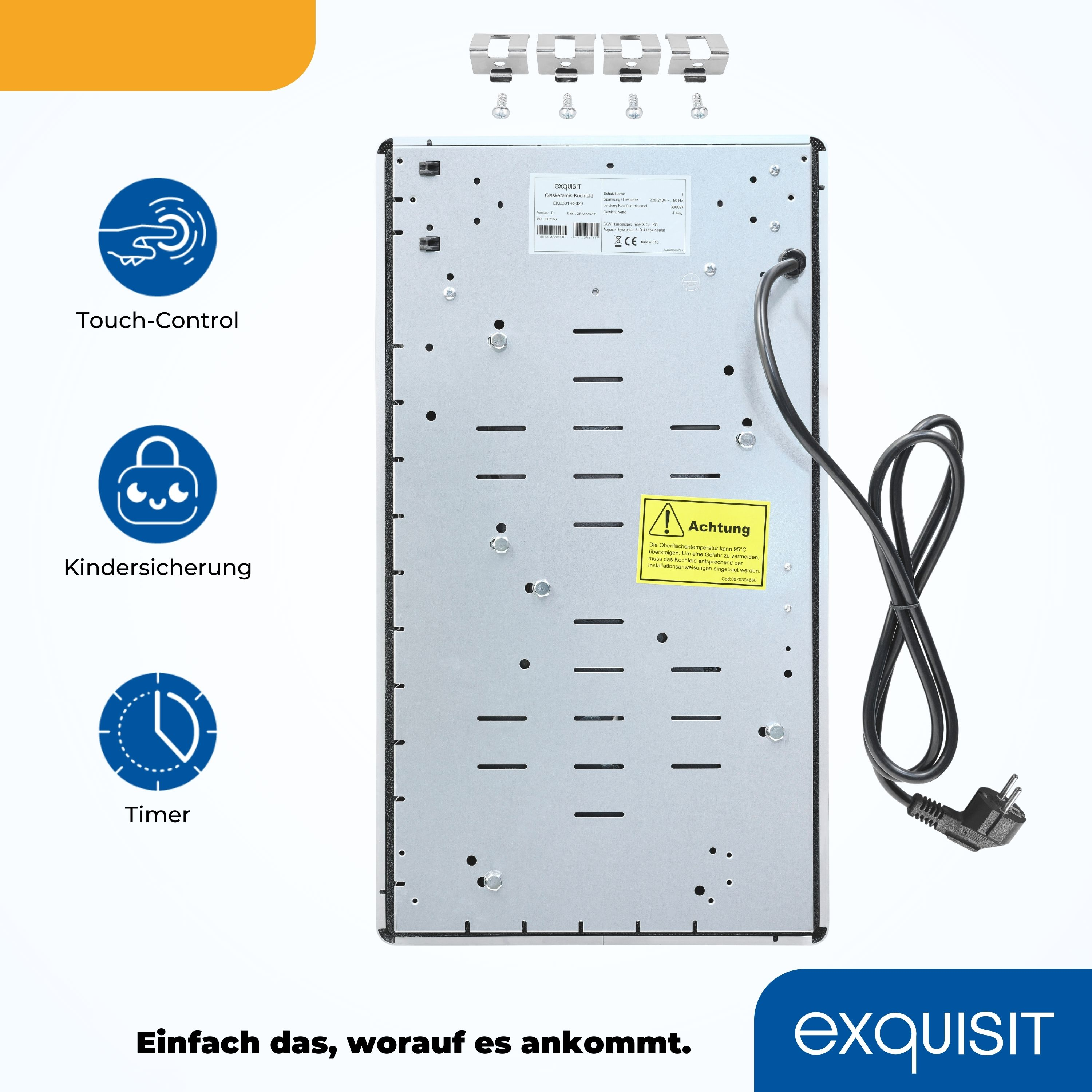 Die Rückseite eines Induktionskochfelds mit Touch-Control, Kindersicherung und Timer. Weißer Hintergrund.