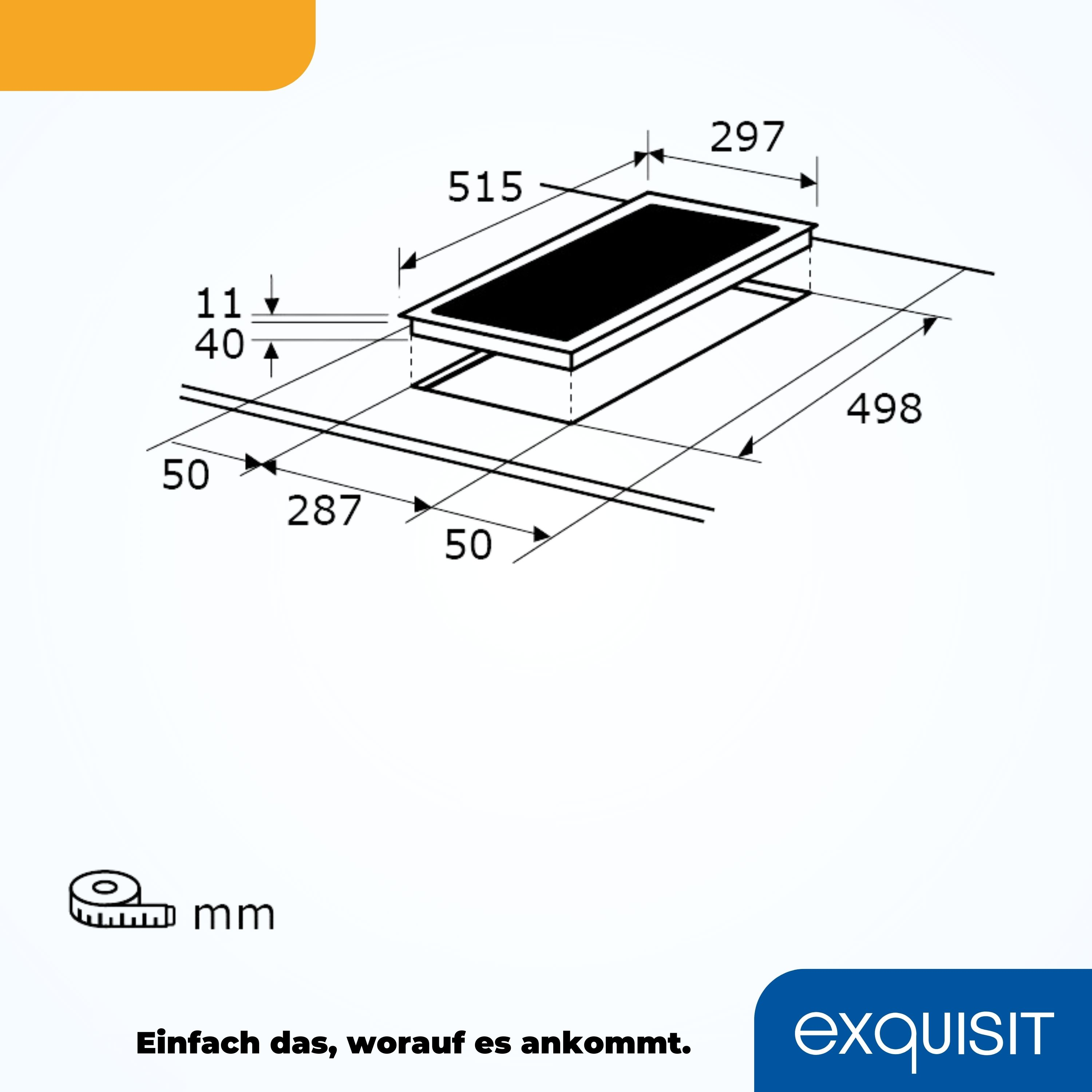 Diagramm eines schwarzen Induktionskochfelds mit Abmessungen, mit mm und Exquisit-Logo.