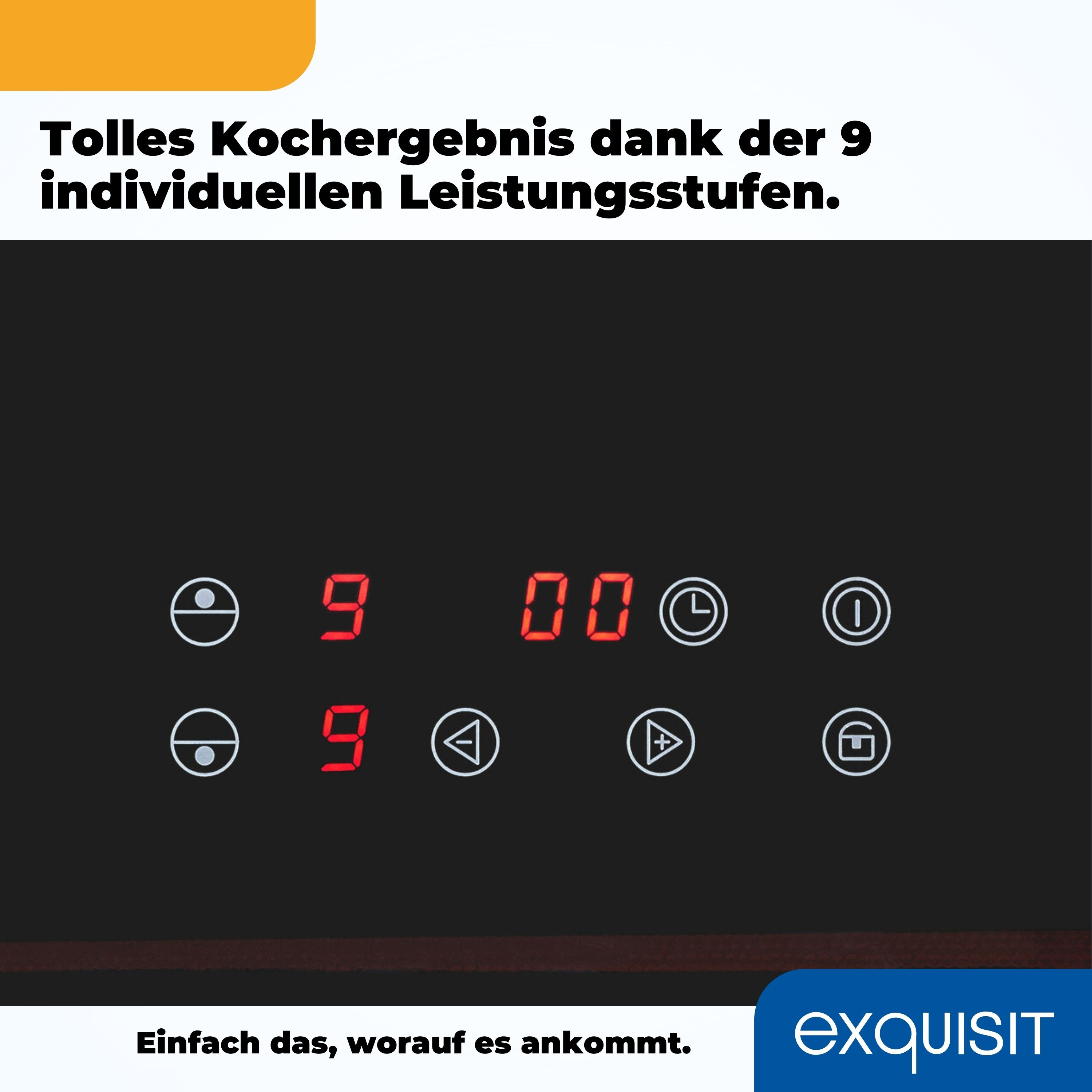 Schwarzes Kochfeld-Bedienfeld mit roten Zahlen und Knöpfen.