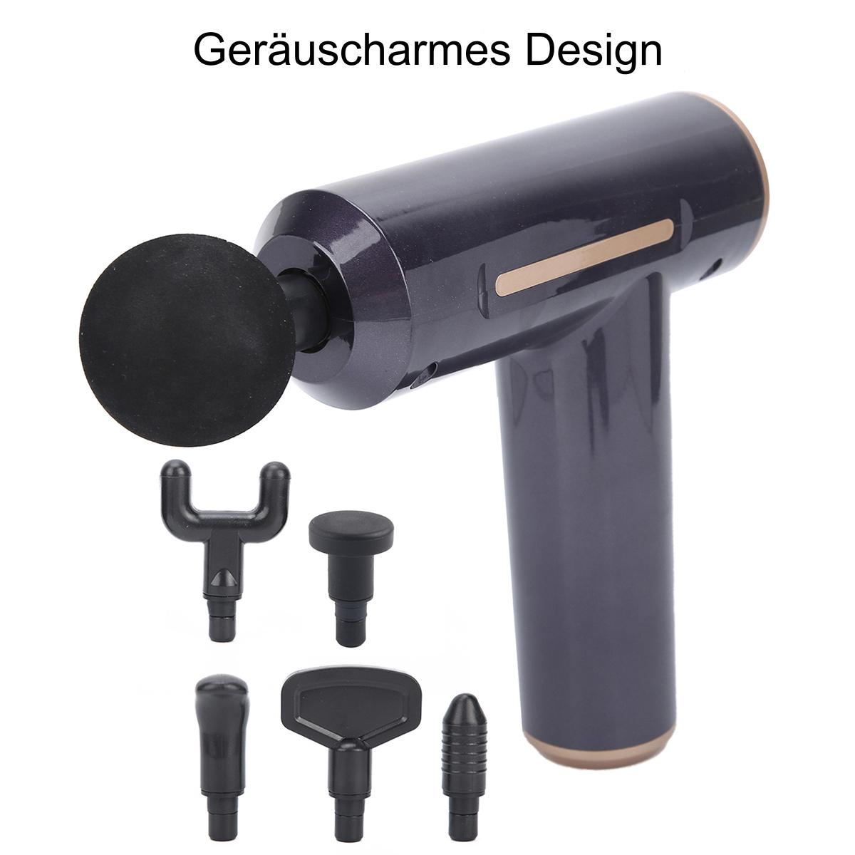 Dunkle Massagepistole mit Aufsätzen. Text: Geräuscharmes Design. Es hat verschiedene Massageköpfe.