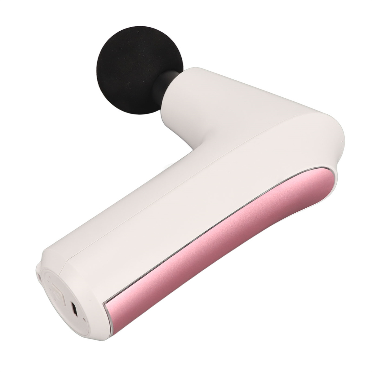 Eine weiße und rosa Massagepistole mit einem schwarzen Kugelkopf, vor weißem Hintergrund.