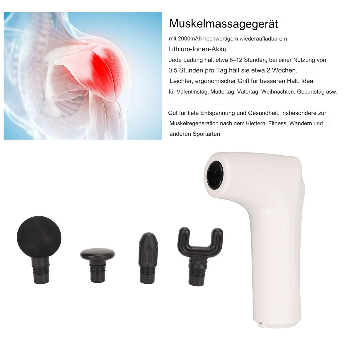 Muskelmassagegerät mit Aufsätzen und eine Abbildung einer Schulter mit roten Schmerzen.
