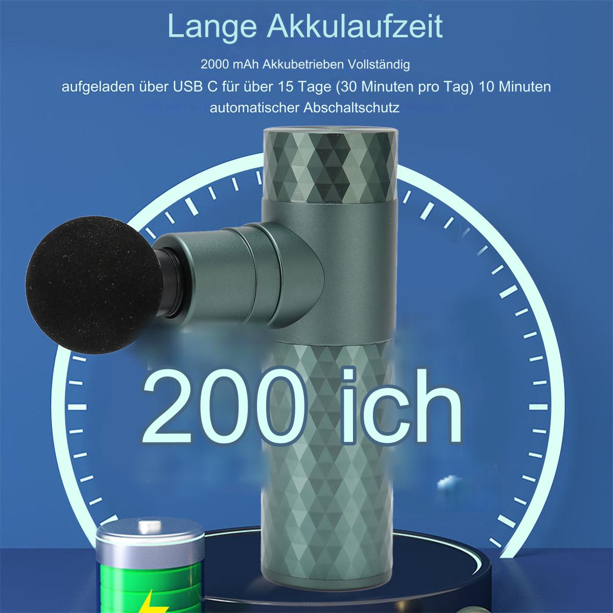 Eine kleine Massagepistole mit schwarzem Kopf und blauem Hintergrund.