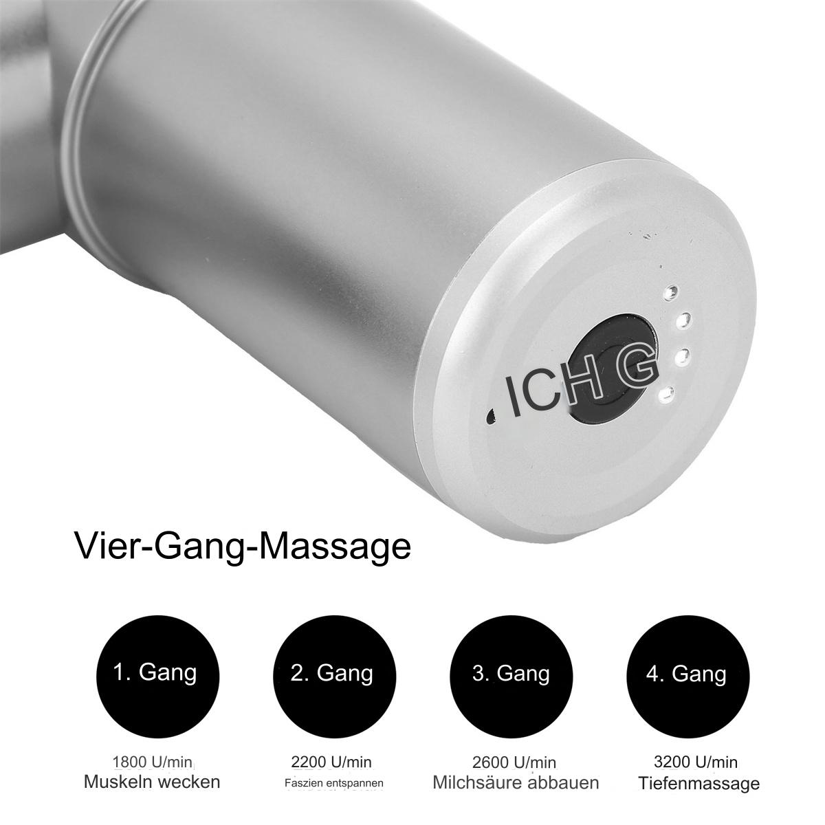Metallische Massagepistole mit Leistungseinstellungen und der Marke ICH G.