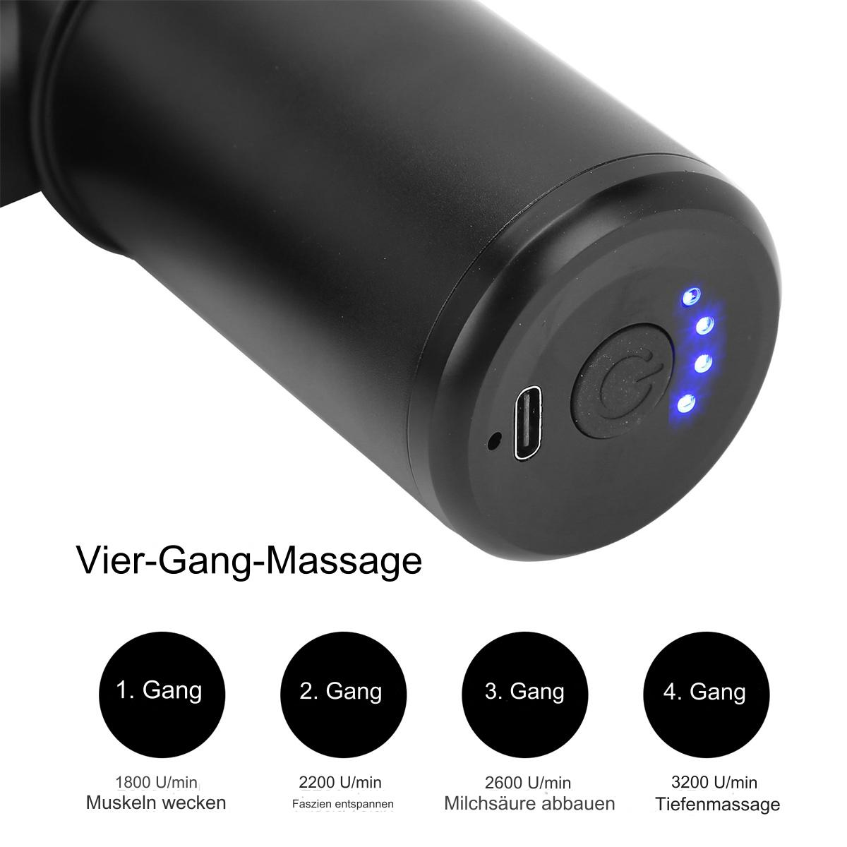 Eine schwarze Massagepistole mit einem Einschaltknopf und vier blauen Kontrollleuchten. Sie hat vier Massageeinstellungen.