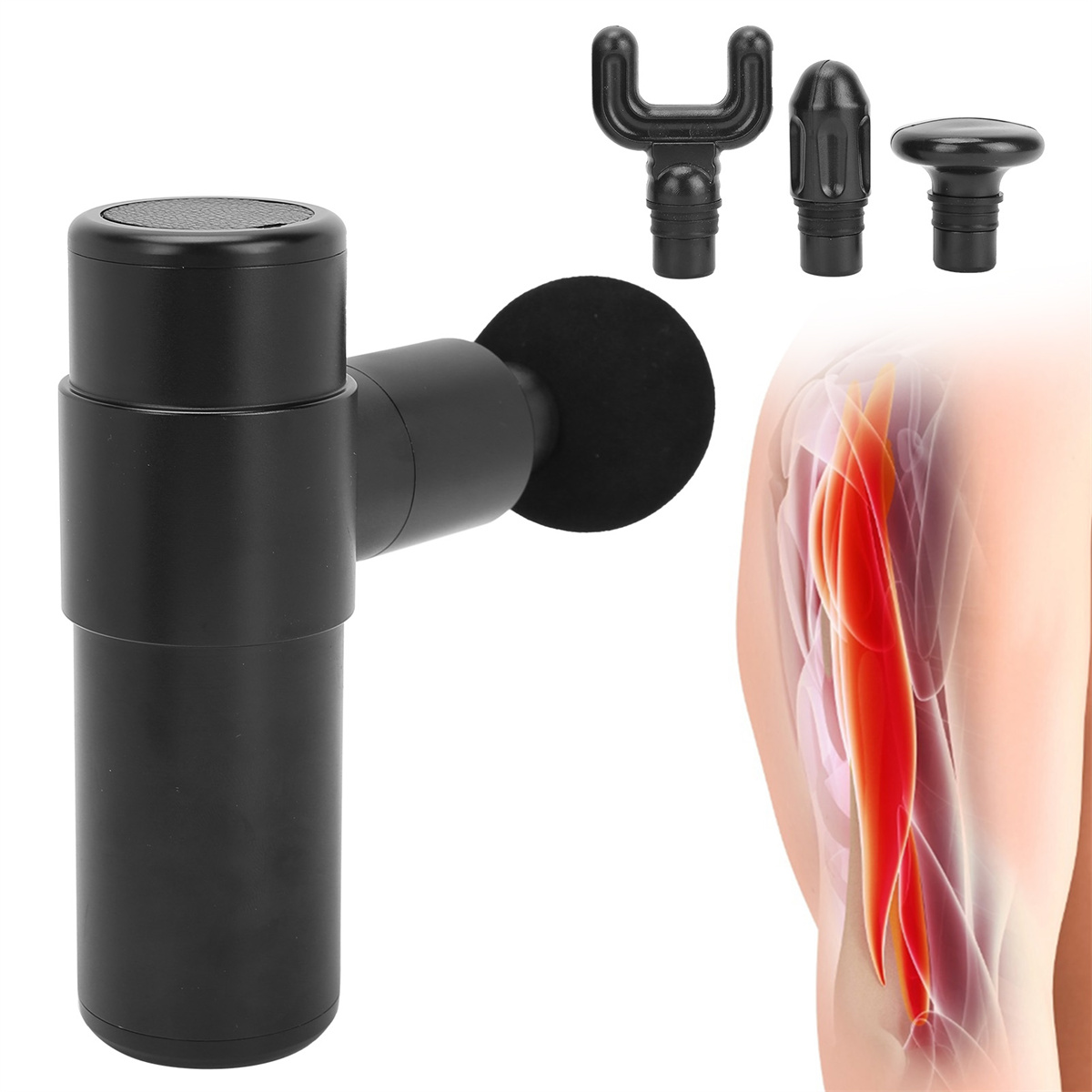 Schwarze Massagepistole mit verschiedenen Köpfen und ein Diagramm, das Muskelbereiche zeigt.