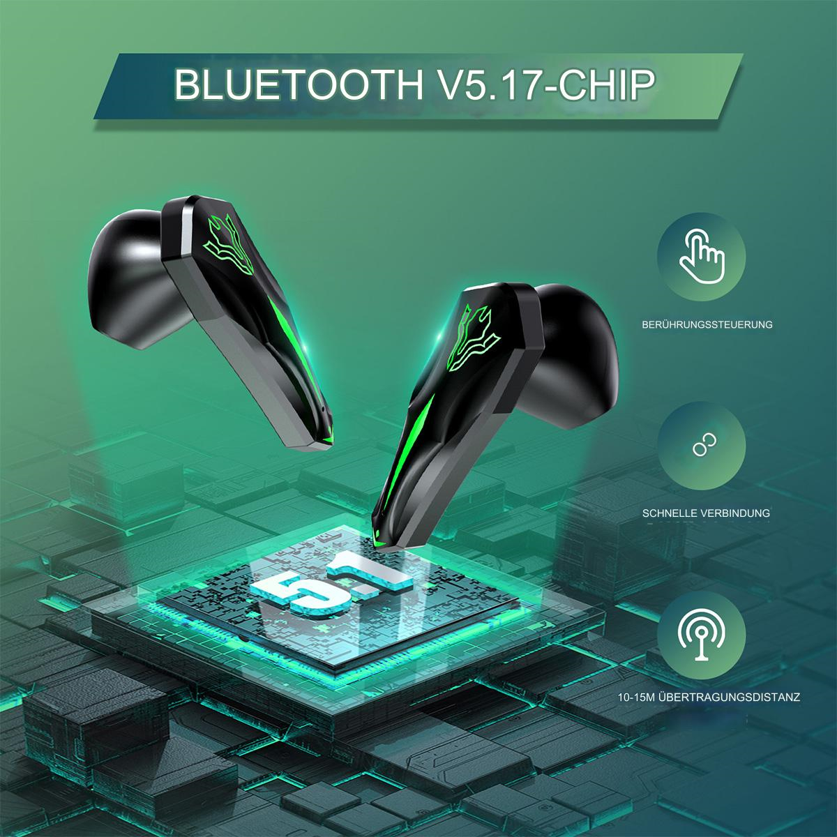 Schwarze und grüne kabellose Ohrhörer mit 5.17-Chip auf blau-grünem Hintergrund.