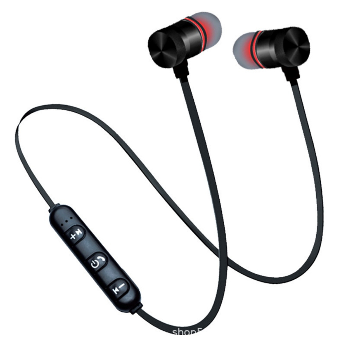 Schwarze kabellose Ohrhörer mit roten Akzenten, Steuertasten und Kabel.