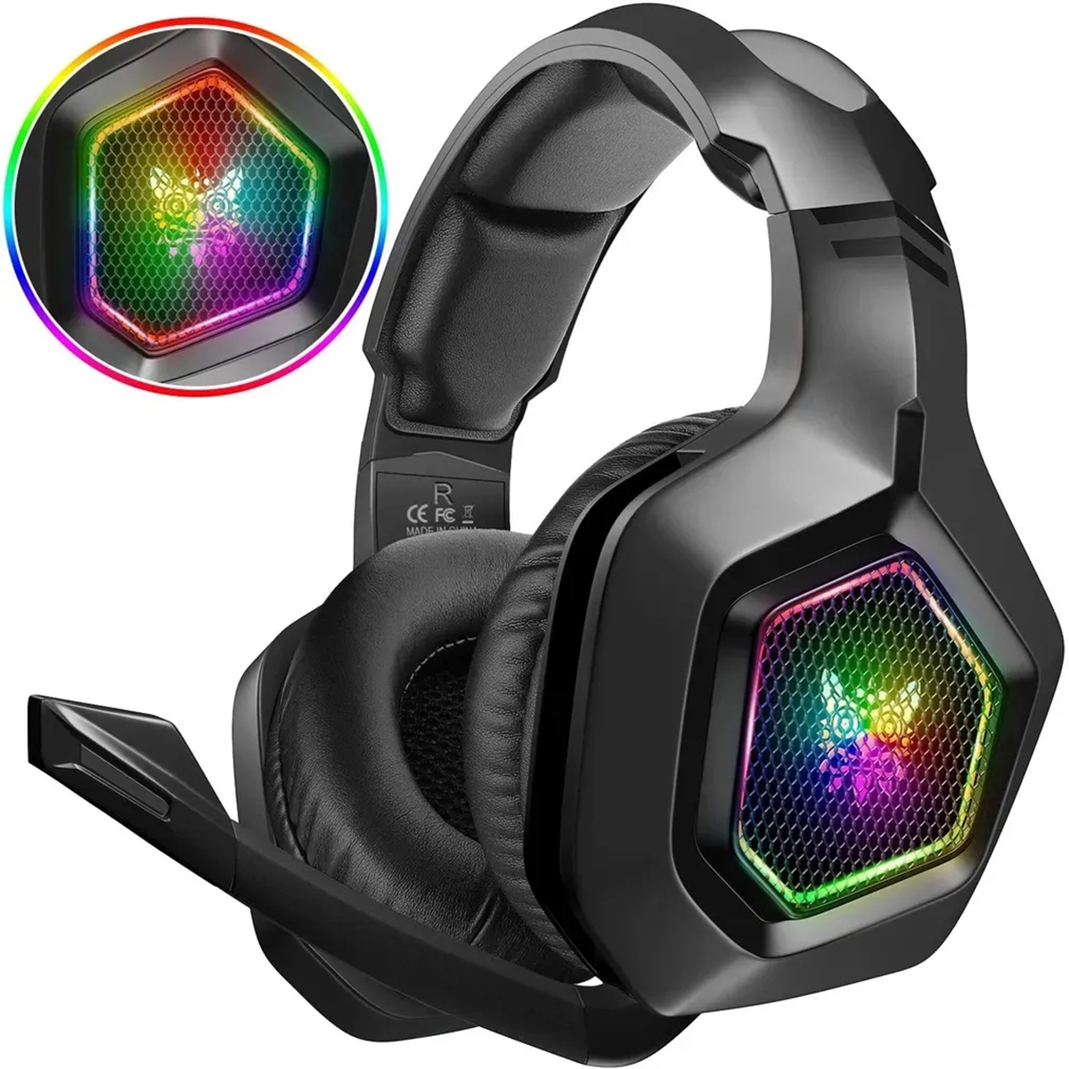 Schwarze Gaming-Kopfhörer mit RGB-Beleuchtung, Mikrofon und weißem Hintergrund.