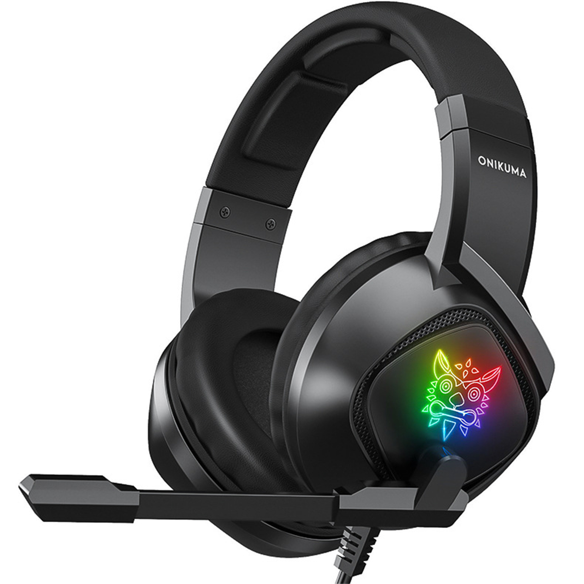 Schwarzes Gaming-Headset mit Mikrofon. Mit LED-Logolichtern.