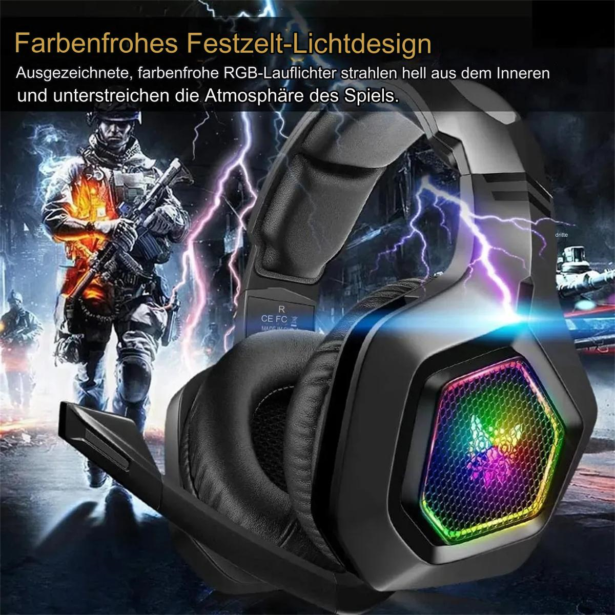 Gaming-Headset mit farbenfrohen RGB-Lichtern und einem Soldaten im Hintergrund.