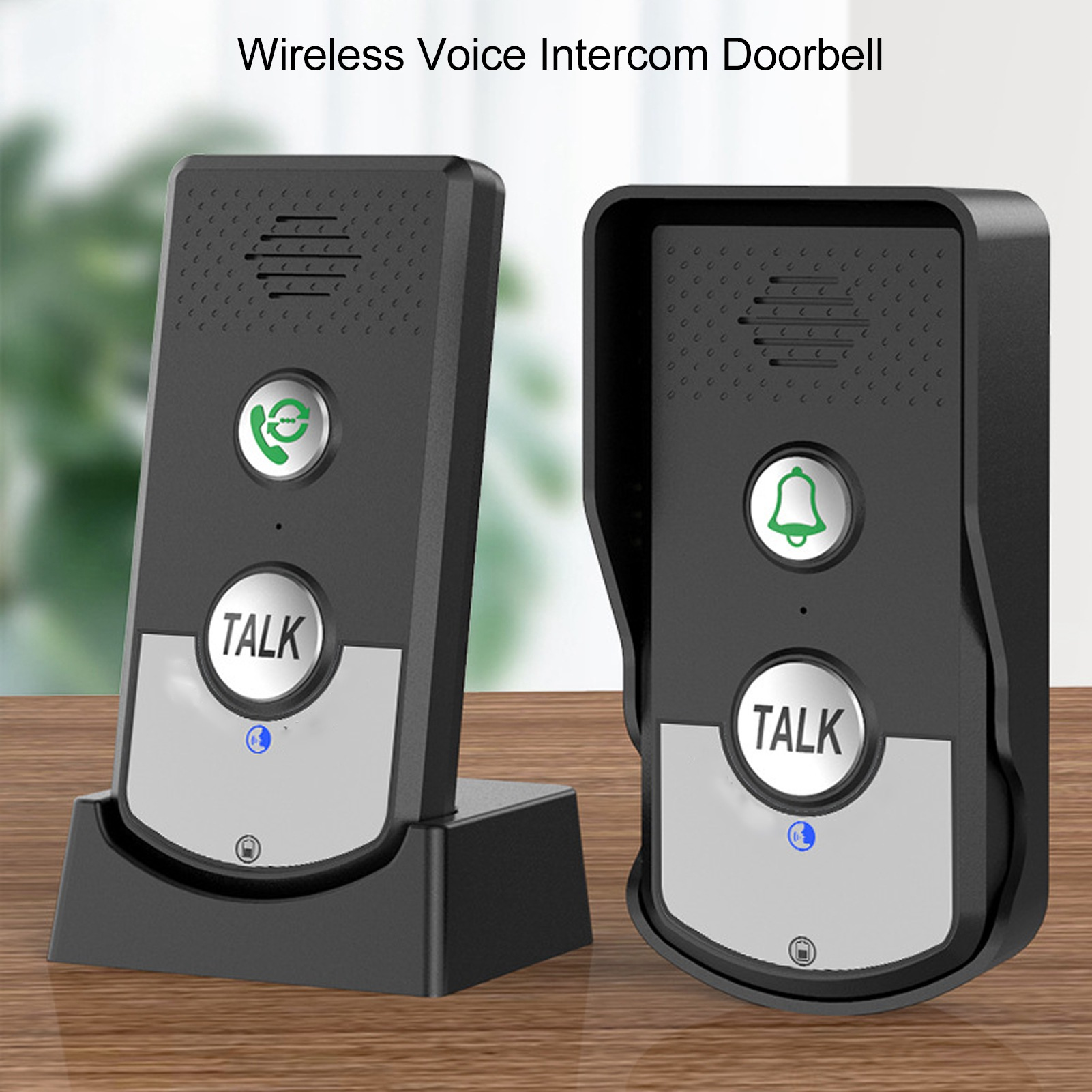 Zwei schwarze Intercom-Türklingeln auf weißem Hintergrund. Eine auf einer Basis, eine mit einer Abdeckung.
