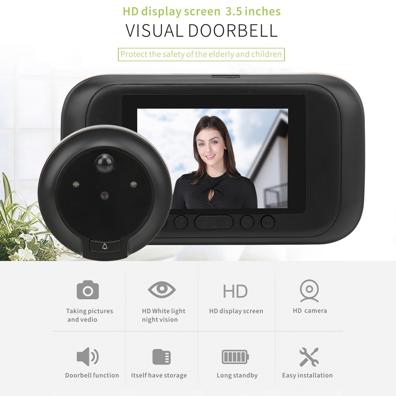 Intelligente Türklingel mit HD-Bildschirm, Kamera und Funktionen, Person auf dem Bildschirm zeigend.