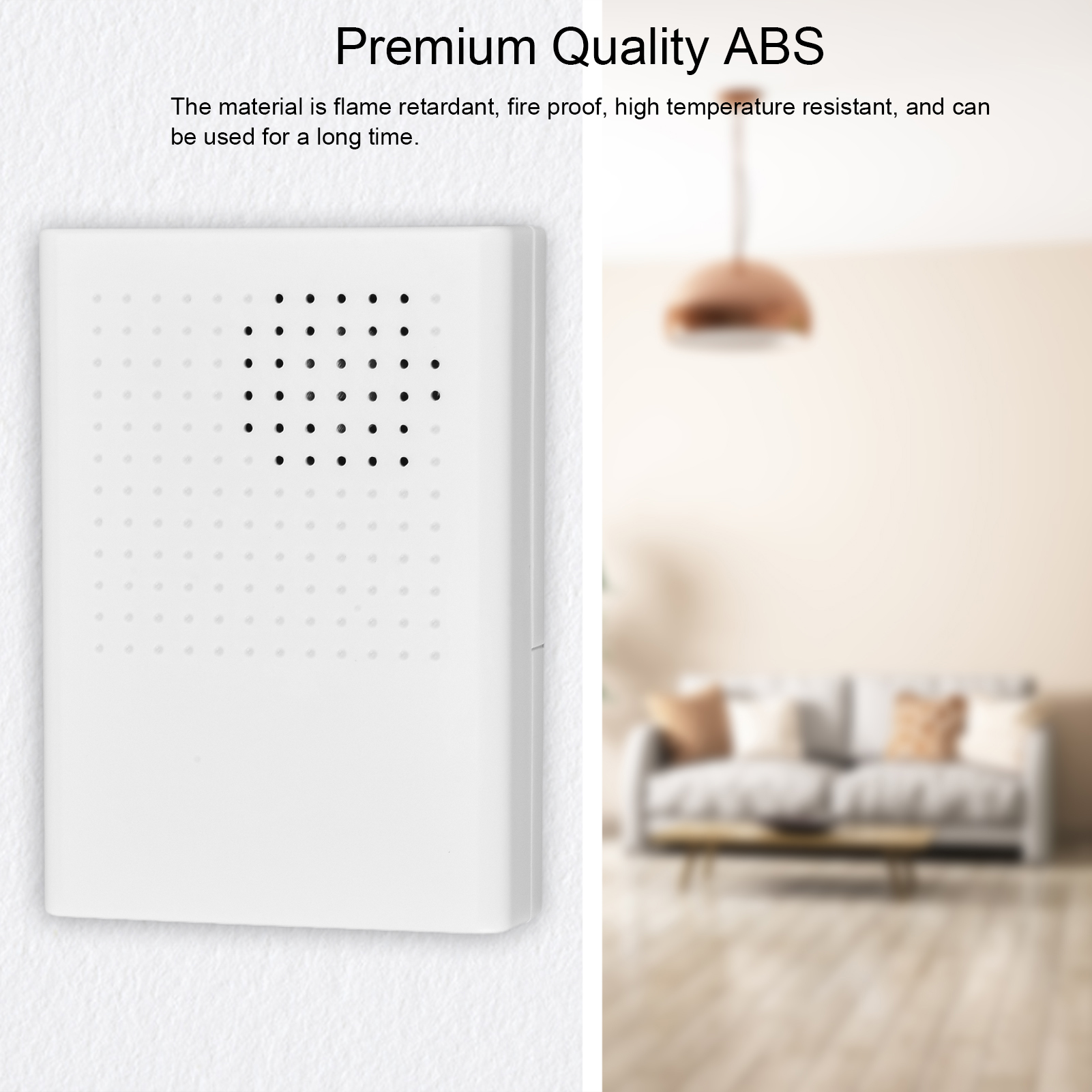 An der Wand befestigtes weißes Gerät mit schwarzen Punkten, Text: Premium Quality ABS. Verschwommenes Wohnzimmer im Hintergrund.