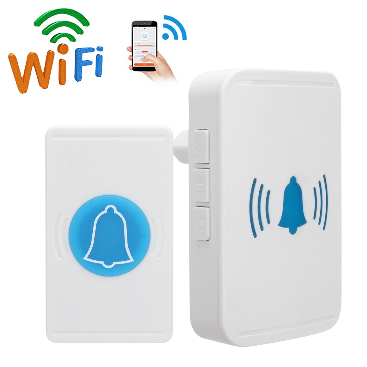 Eine weiße WLAN-Türklingel mit einem blauen Glockensymbol und einem App-Anzeige-Bildschirm.