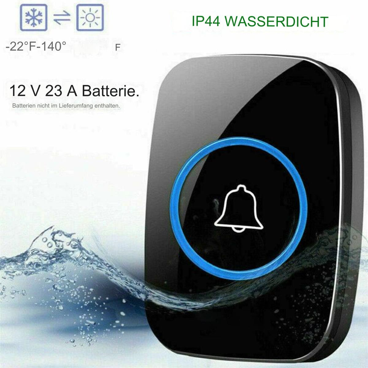 Schwarze Türklingel mit blau beleuchtetem Glockensymbol. Text zur 12V Batterie und wasserdichten Eigenschaften.