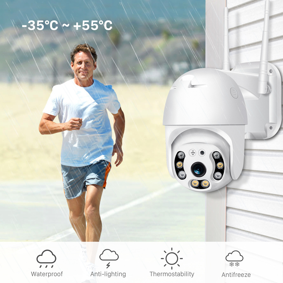 Weiße Überwachungskamera an einer Wand, Text: Wasserdicht, Anti-Beleuchtung, Thermostabilität, Frostschutzmittel.