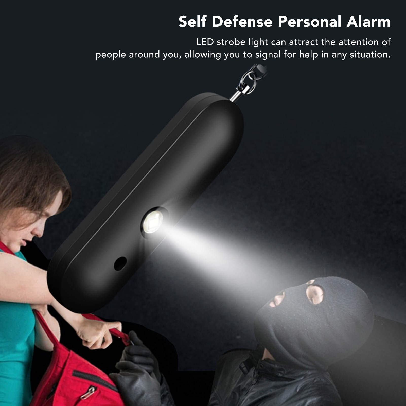 Ein schwarzer persönlicher Alarm mit Licht, das auf eine Person mit Maske und Handschuhen scheint.