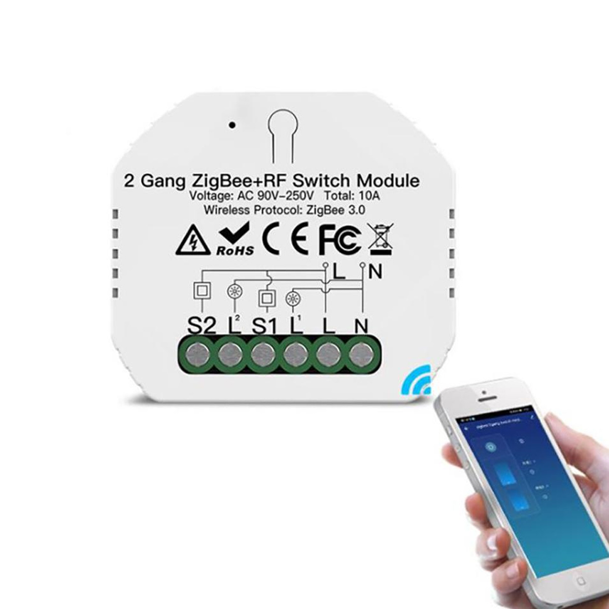 Ein weißes ZigBee+RF-Schaltmodul mit einem Telefon, das eine App zeigt.