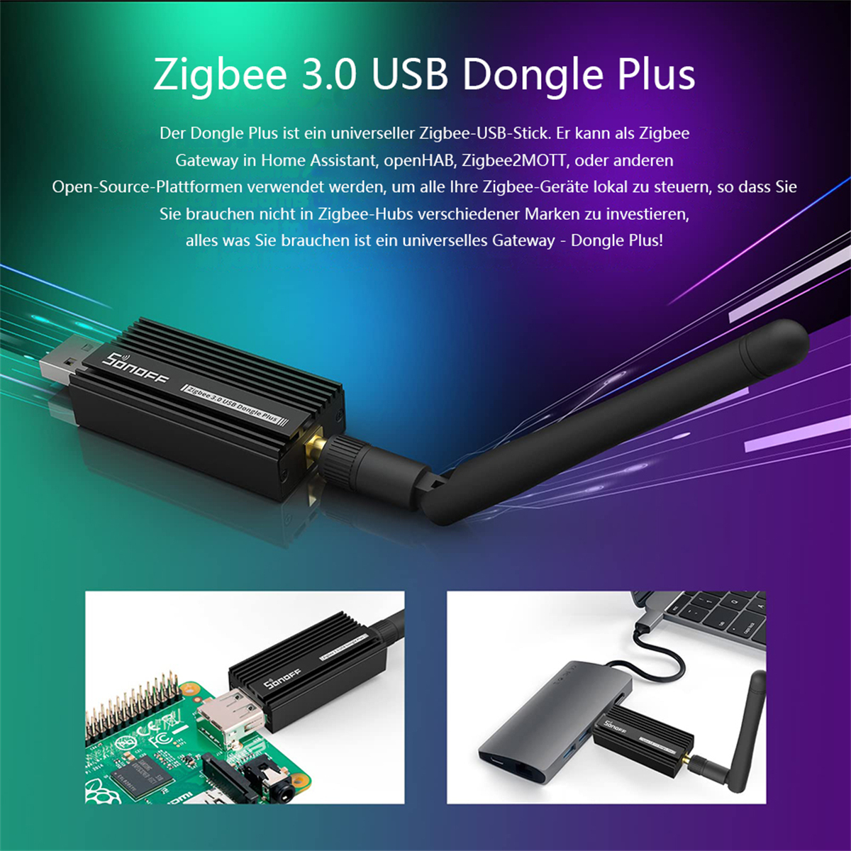 Ein schwarzer USB-Dongle mit Antenne. Er ist mit einer grünen Leiterplatte und einem Laptop im Hintergrund verbunden.