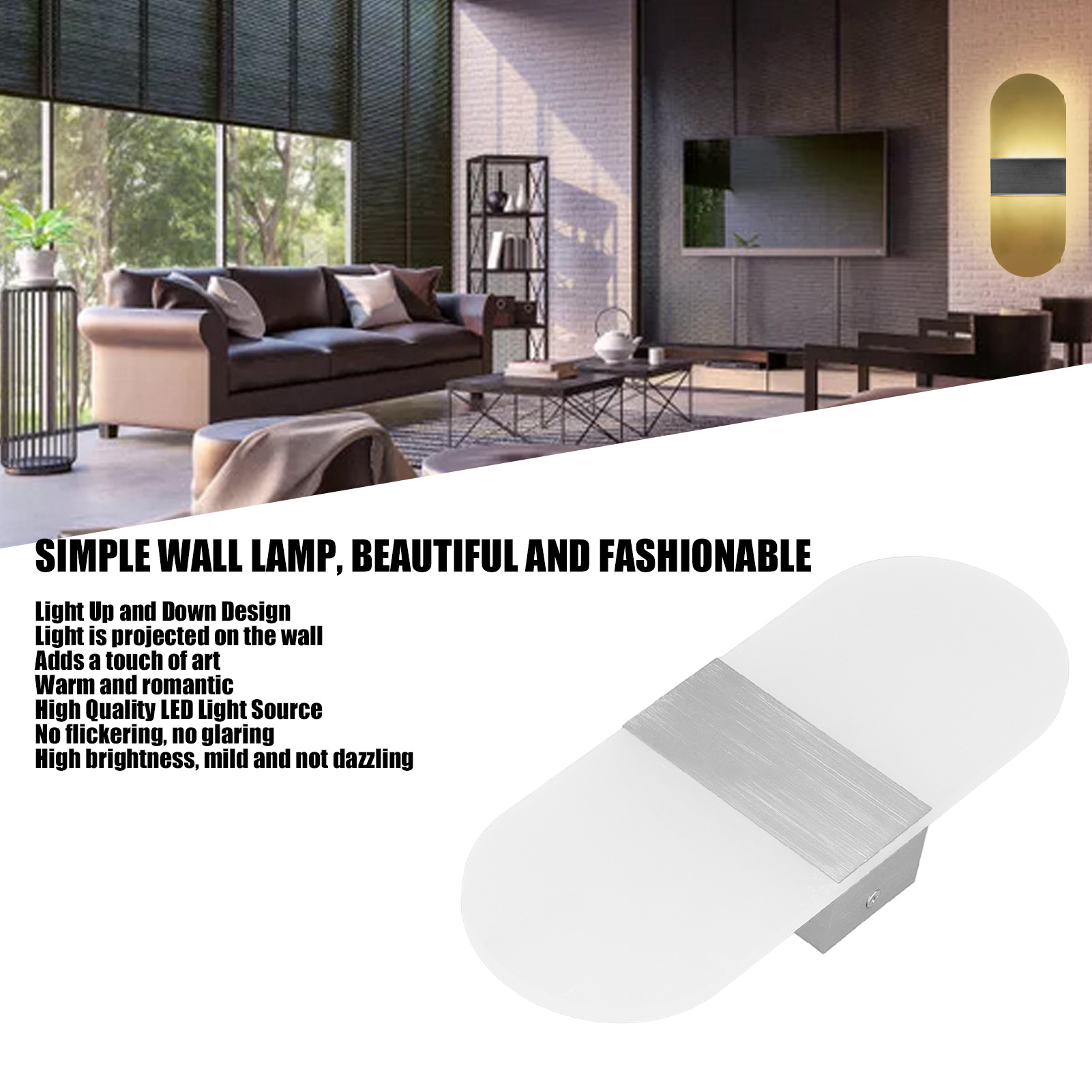 Eine Wandlampe mit weißem und metallischem Design wird an einer Wand gezeigt. Text beschreibt ihre Funktionen.