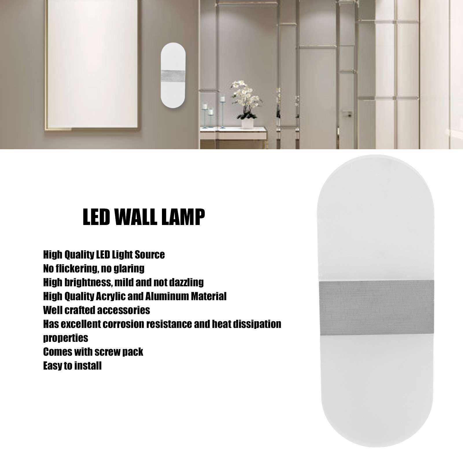 LED-Wandleuchte mit Text, der die Eigenschaften beschreibt, und einem Bild der Lampe an der Wand.