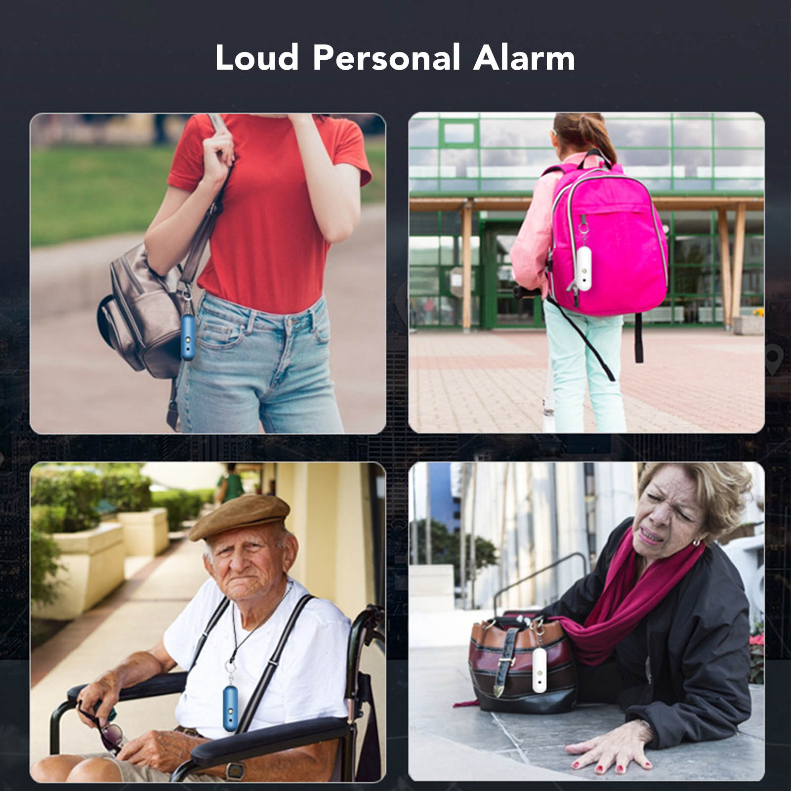 Bilder von Personen, die in verschiedenen Szenarien einen lauten persönlichen Alarm verwenden.