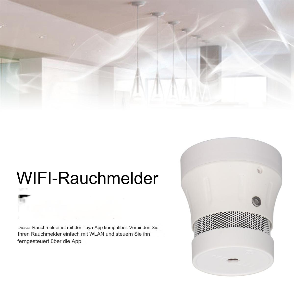 Ein weißer WLAN-Rauchmelder mit Lautsprecher. Der Text lautet 'WIFI-Rauchmelder'.