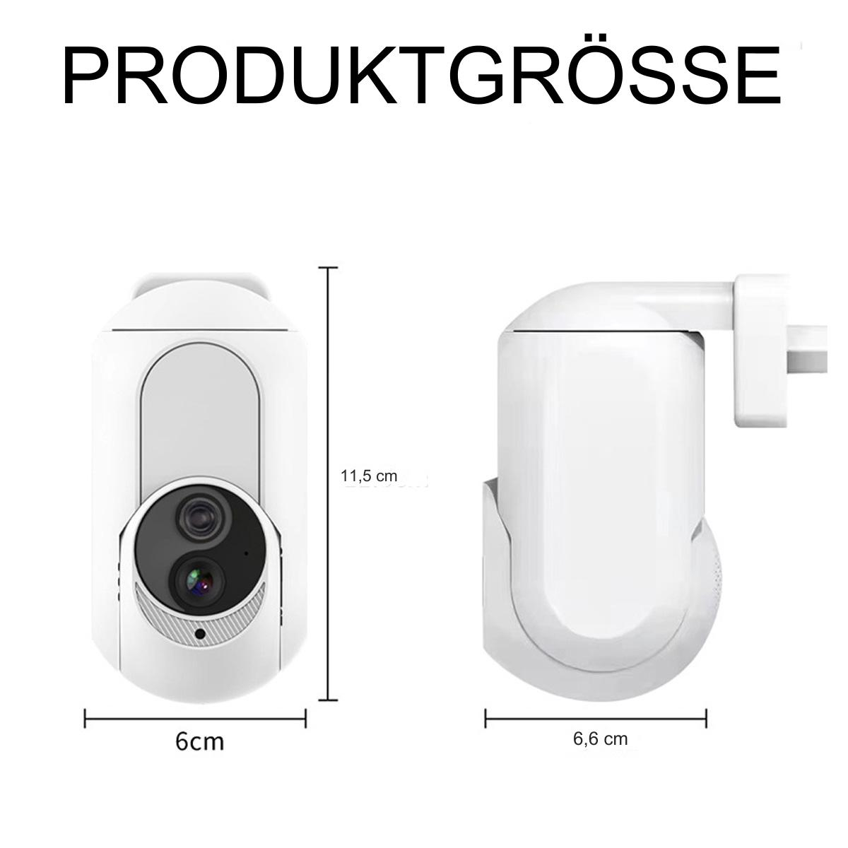Zwei weiße Überwachungskameras. Maße: 6cm breit, 11,5cm hoch. Die andere: 6,6cm breit.