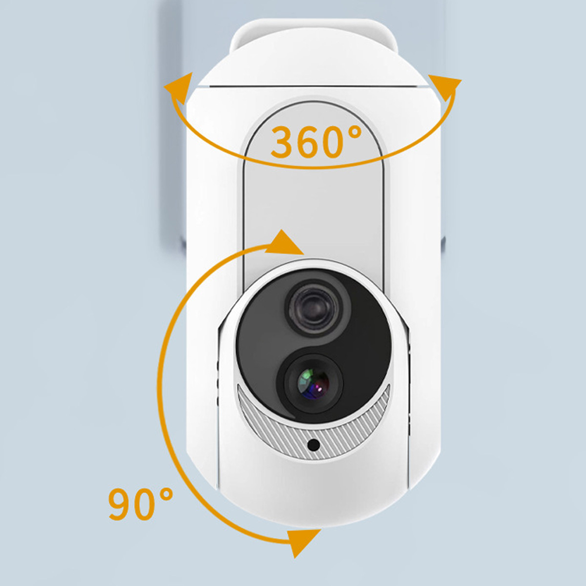 Weiße Überwachungskamera mit orangefarbenen Pfeilen, die die Drehrichtung (360° und 90°) anzeigen.