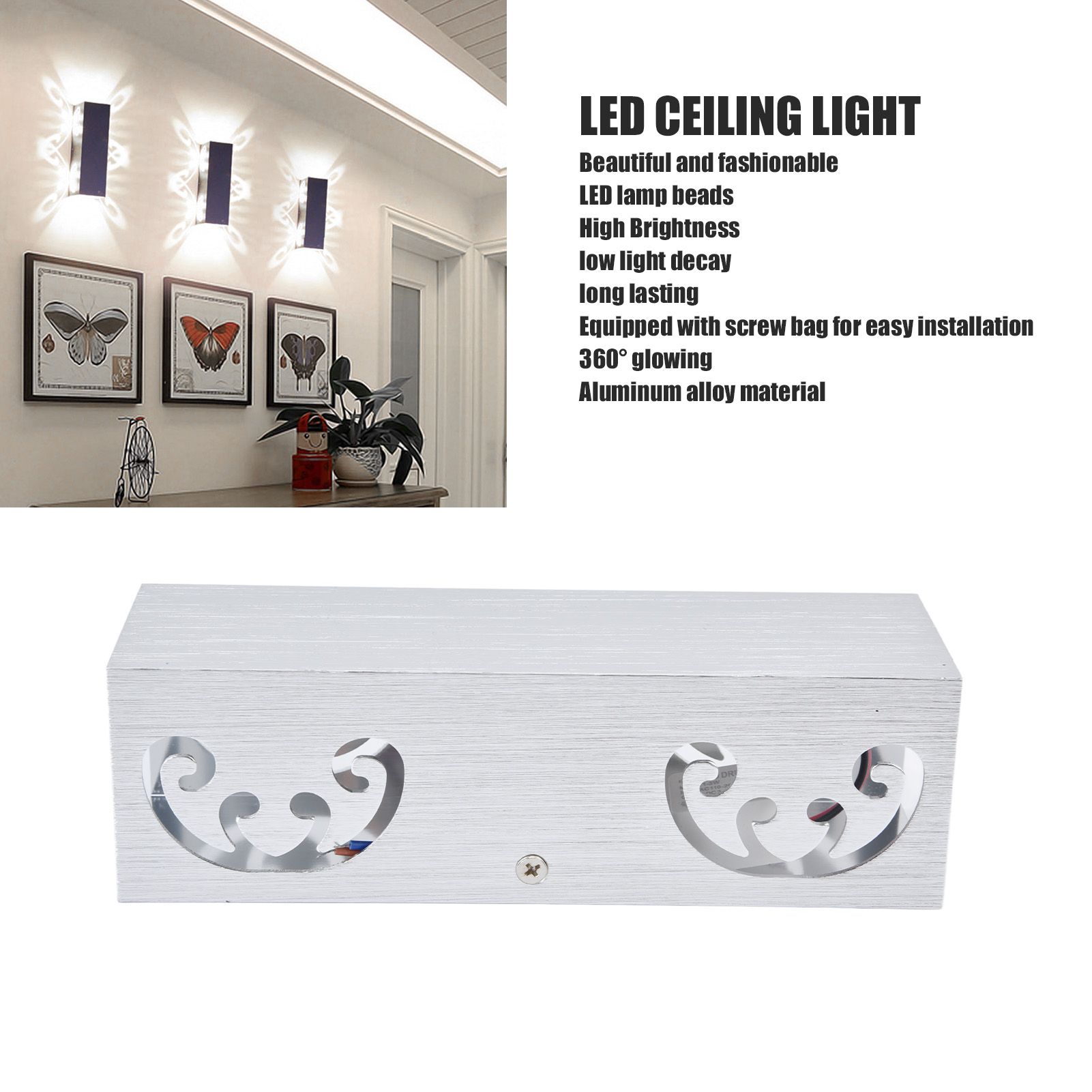 Eine weiße LED-Deckenleuchte mit dekorativen Ausschnitten, an einer Decke mit Kunstwerken montiert.