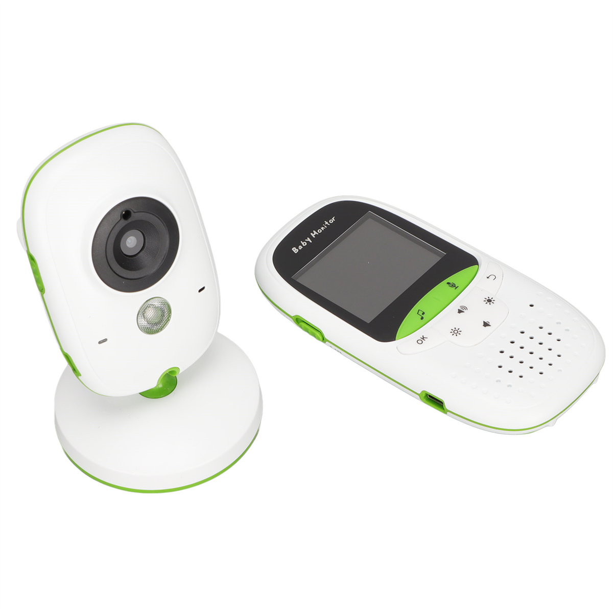 Ein weiß-grüner Babyphone mit Kamera und Handheld-Empfänger auf weißer Oberfläche.