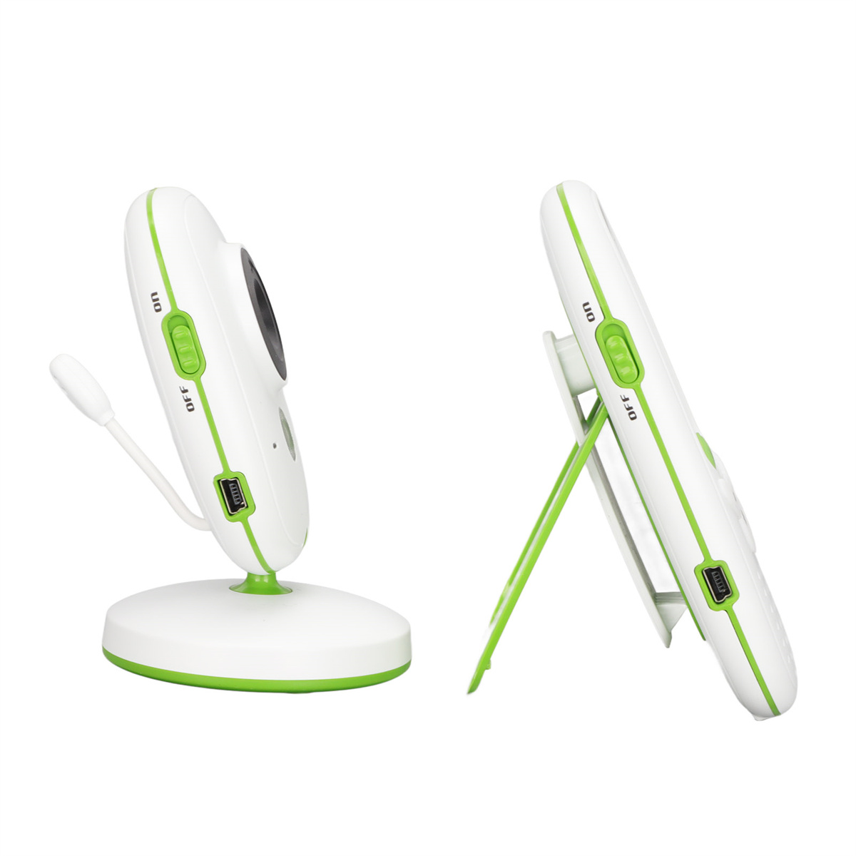 Zwei weiße Babyphone mit grünen Akzenten. Eines steht, das andere auf einem Ständer.